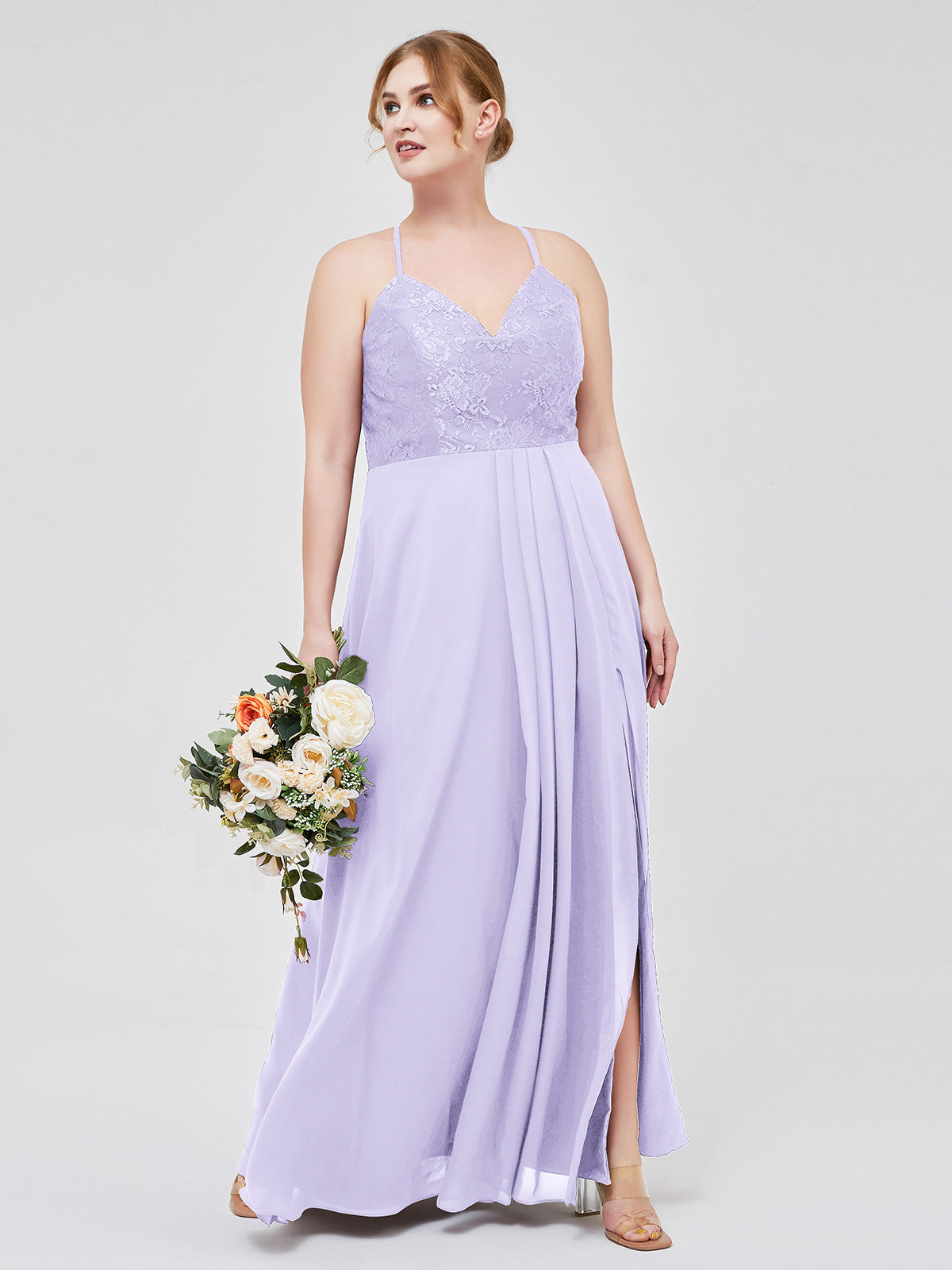 plus size lavender maxi dress BABARONI Lace Bodice Chiffon Skirt Dresses with Slit Lilac Plus Size, Lilac / US18