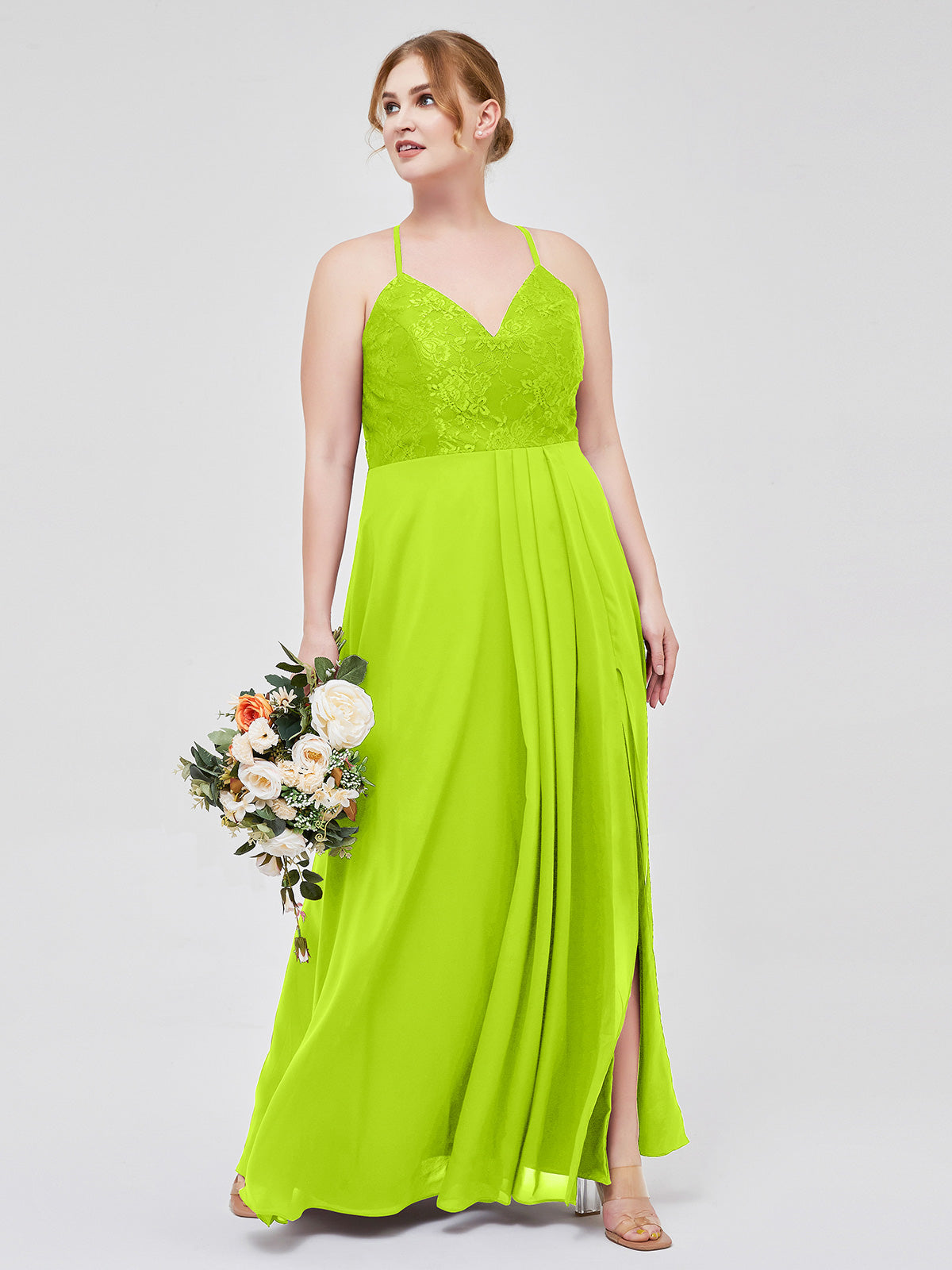 lime green dress plus size BABARONI Chiffon Bridesmaid Dresses V-neck Floor-length Spaghetti Straps Lace with Slit A-line, Lime Green / US18 Size:XSmall line Fabric Cute White Tulle Party barefoot dreamer boutique