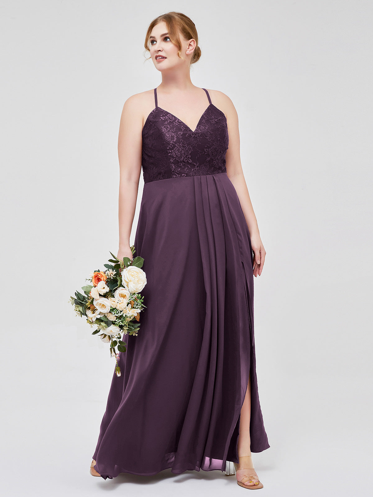 Long Chiffon Dress With Lace Bodice Plum