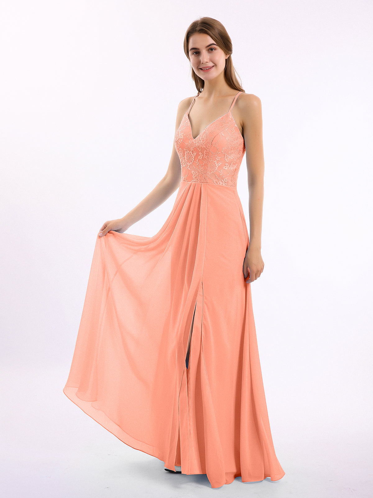 Lace And Chiffon Long Dress with Slit Sunset main image 1