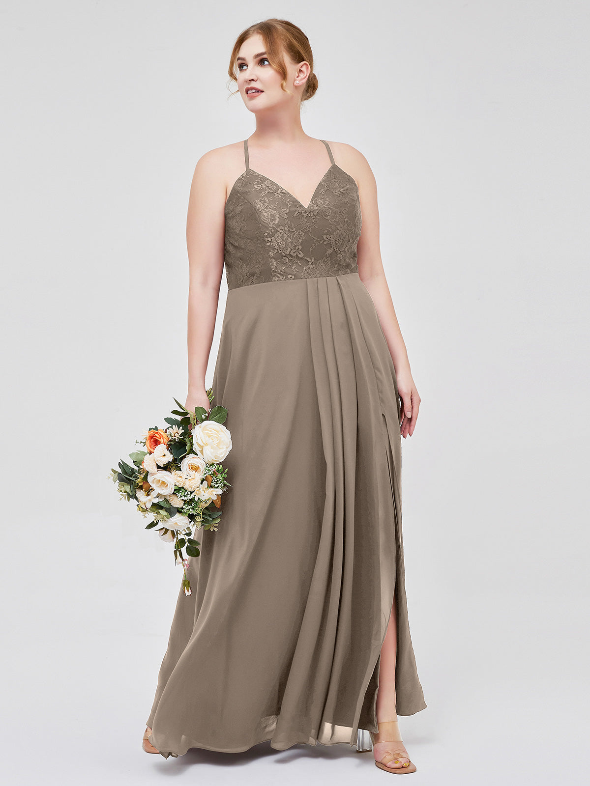taupe bridesmaid dresses plus size BABARONI Chiffon V-neck Floor-length Spaghetti Straps Lace with Slit A-line, Taupe / US18 Simple comfy and stretchy color:black crochet She is wearing a Size:46 Short (34 Sleeve)