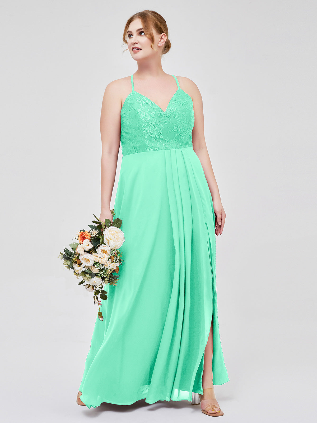BABARONI Lace Bodice Chiffon Skirt Dresses with Slit Turquoise Plus Size, Turquoise / US18 BABARONI Lace Bodice Chiffon Skirt Dresses with Slit Turquoise Plus Size, Turquoise / US18