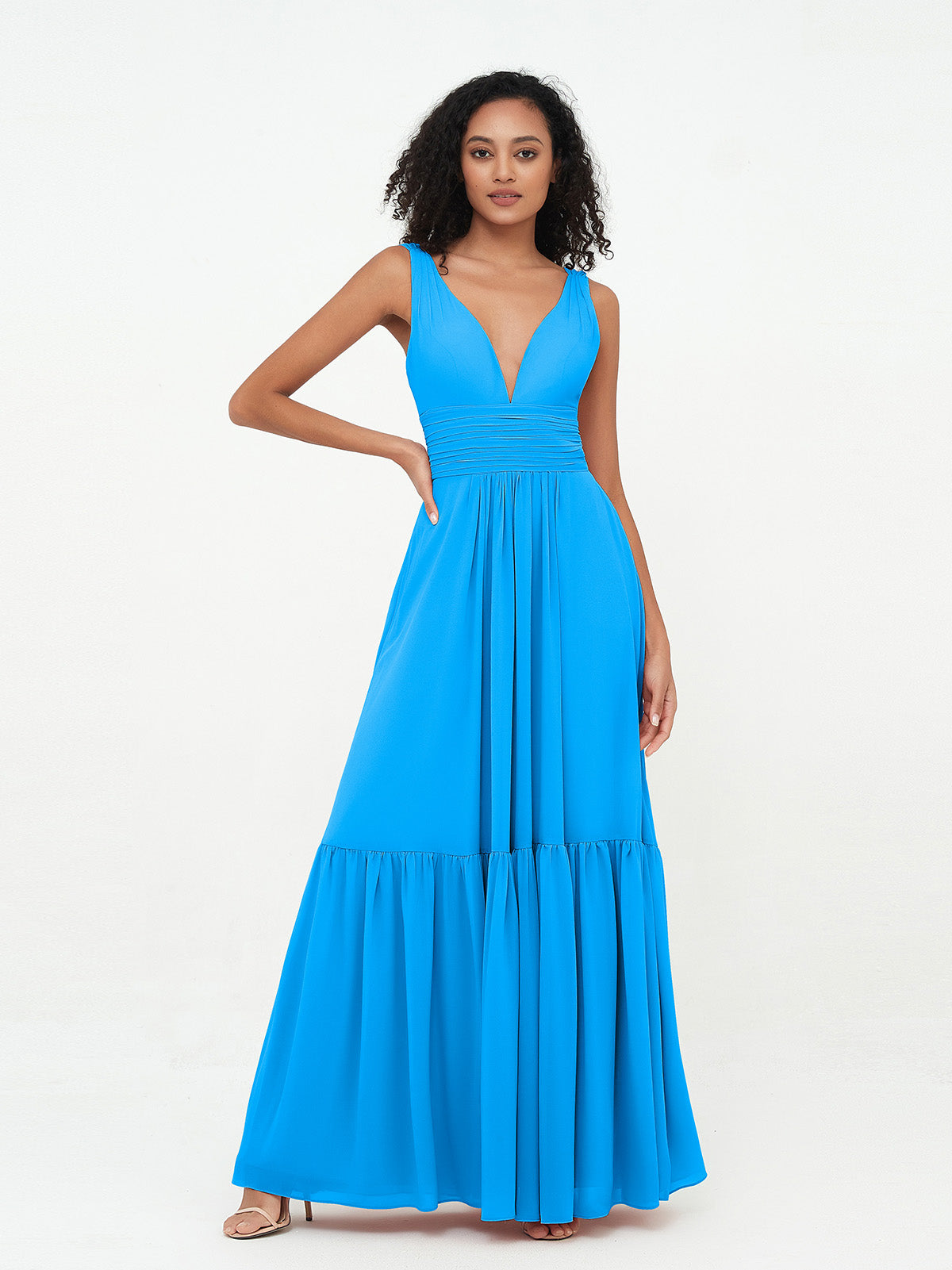 Deep-V Neck Chiffon Tiered Skirt Boho Dresses-Ocean Blue  BABARONI