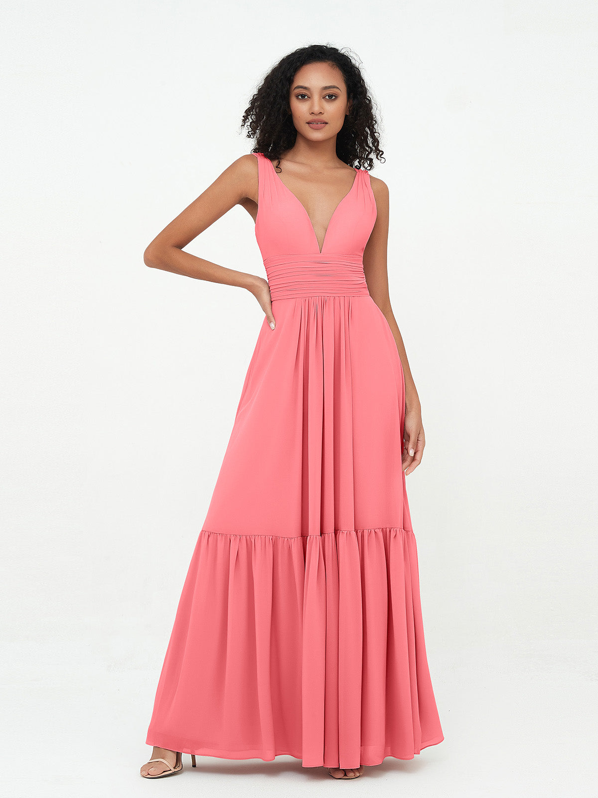 A-line Chiffon Open Back Dress With V-Neck Watermelon