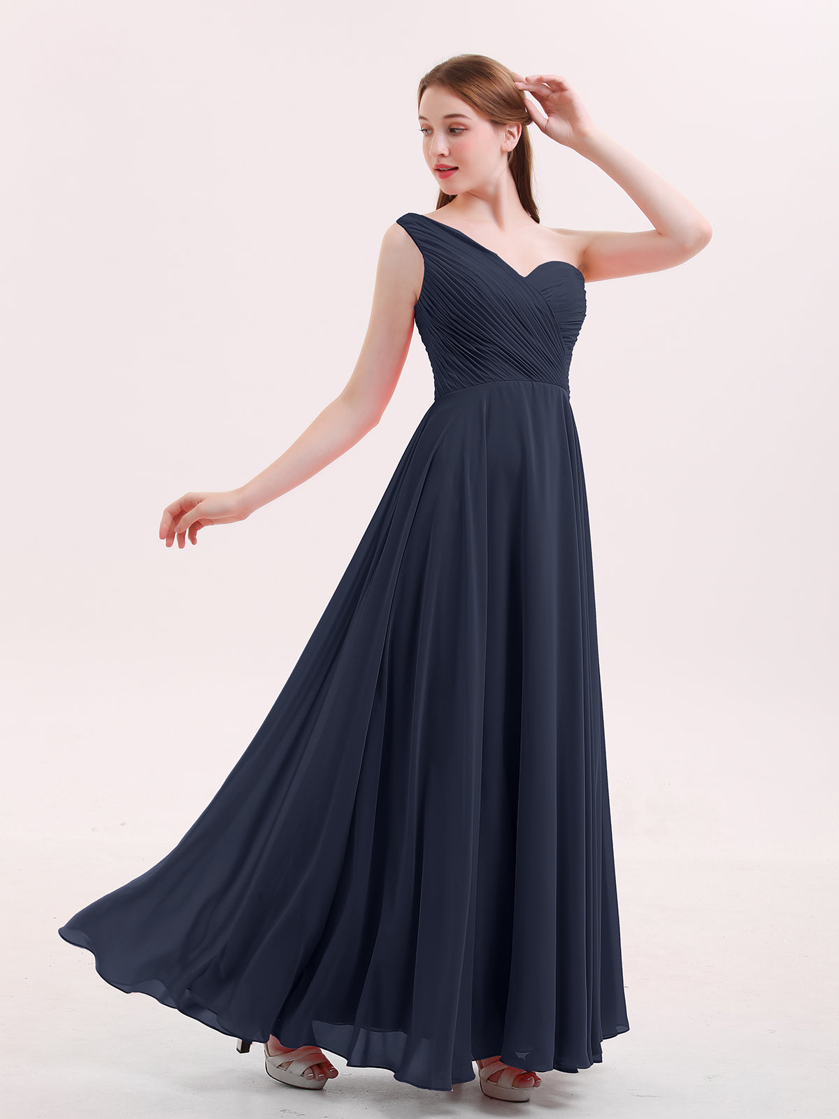 BABARONI One Shoulder Chiffon Long Bridesmaid Gown-Dark Navy, Dark Navy / US0