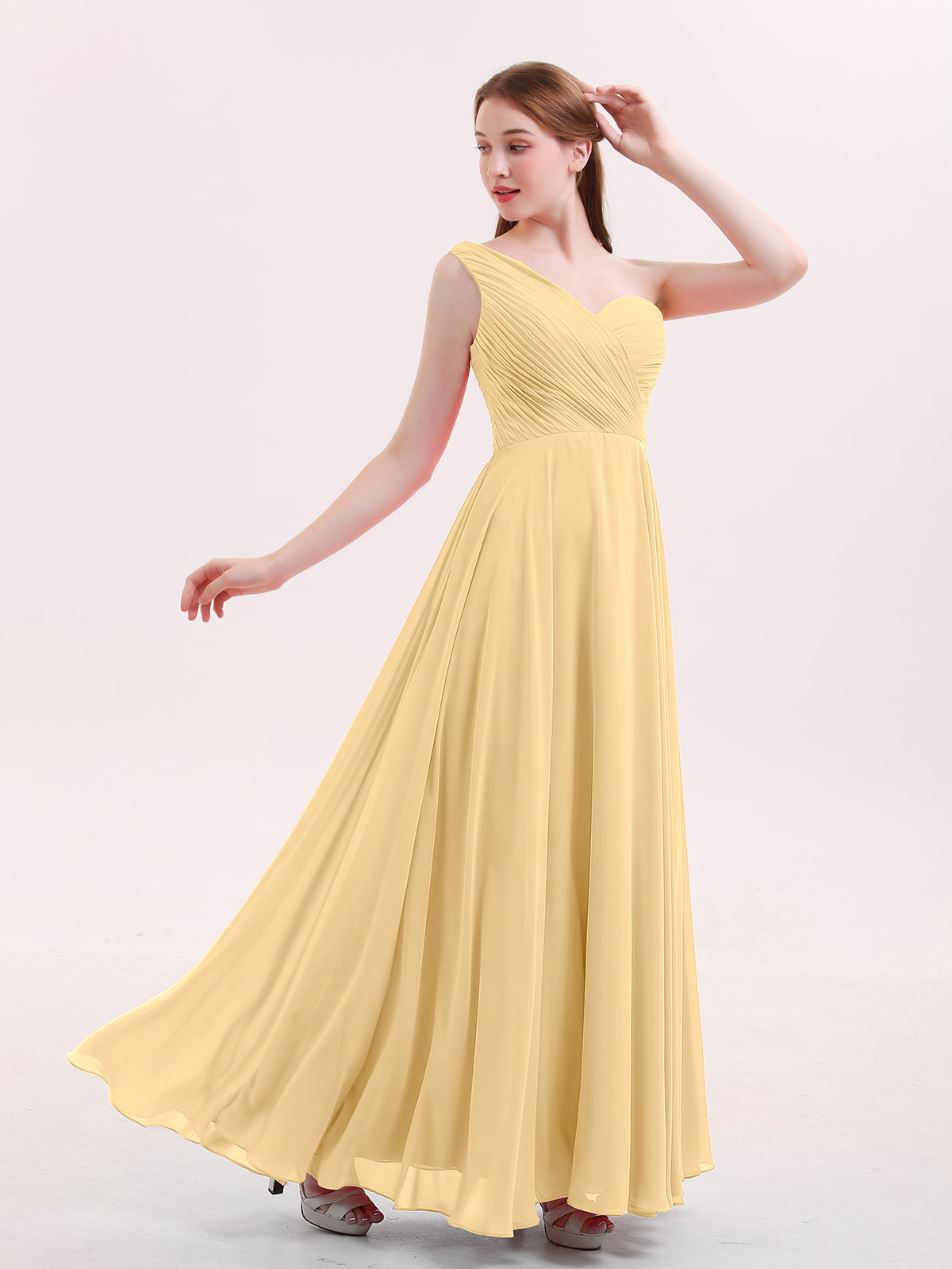 yellow chiffon bridesmaid dress BABARONI BABARONI Chiffon Gold Bridesmaid Dresses One Shoulder Floor-length Sleeveless Pleated A-line, Gold / US18