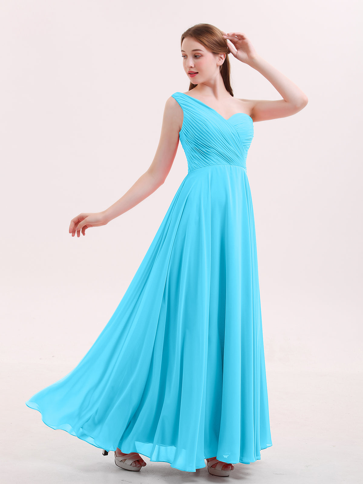 BABARONI One Shoulder Chiffon Long Bridesmaid Gown-Pool, Pool / US0