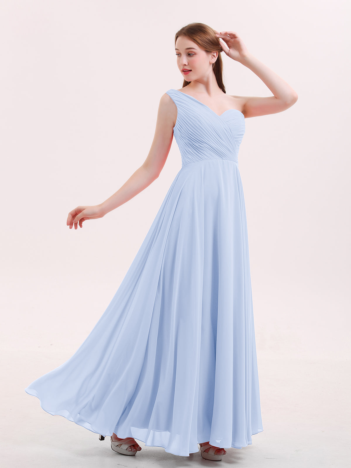 BABARONI One Shoulder Chiffon Long Bridesmaid Gown-Sky Blue, Sky Blue / US0