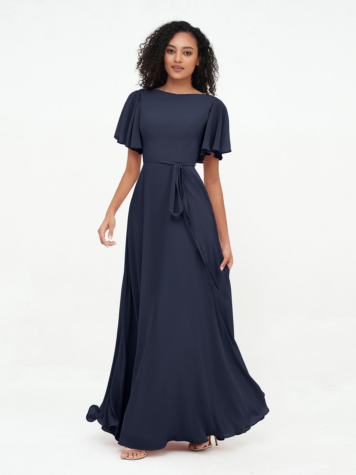 A-line Flutter Sleeves Chiffon Pleated Dress Dark Navy