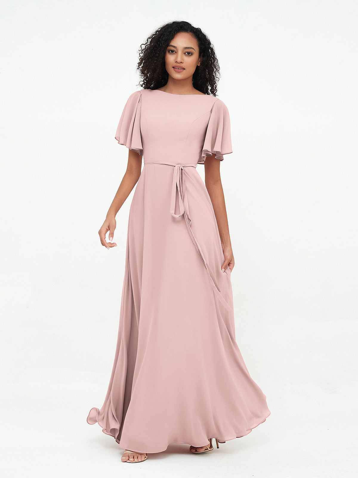 BABARONI Dusty Rose Chiffon Bridesmaid Dress with Flutter Sleeves Sash Bow Floor Length Maxi Wedding Guest Gown BABARONI Dusty Rose Chiffon Bridesmaid Dress with Flutter Sleeves Sash Bow Floor Length Maxi Wedding Guest Gown