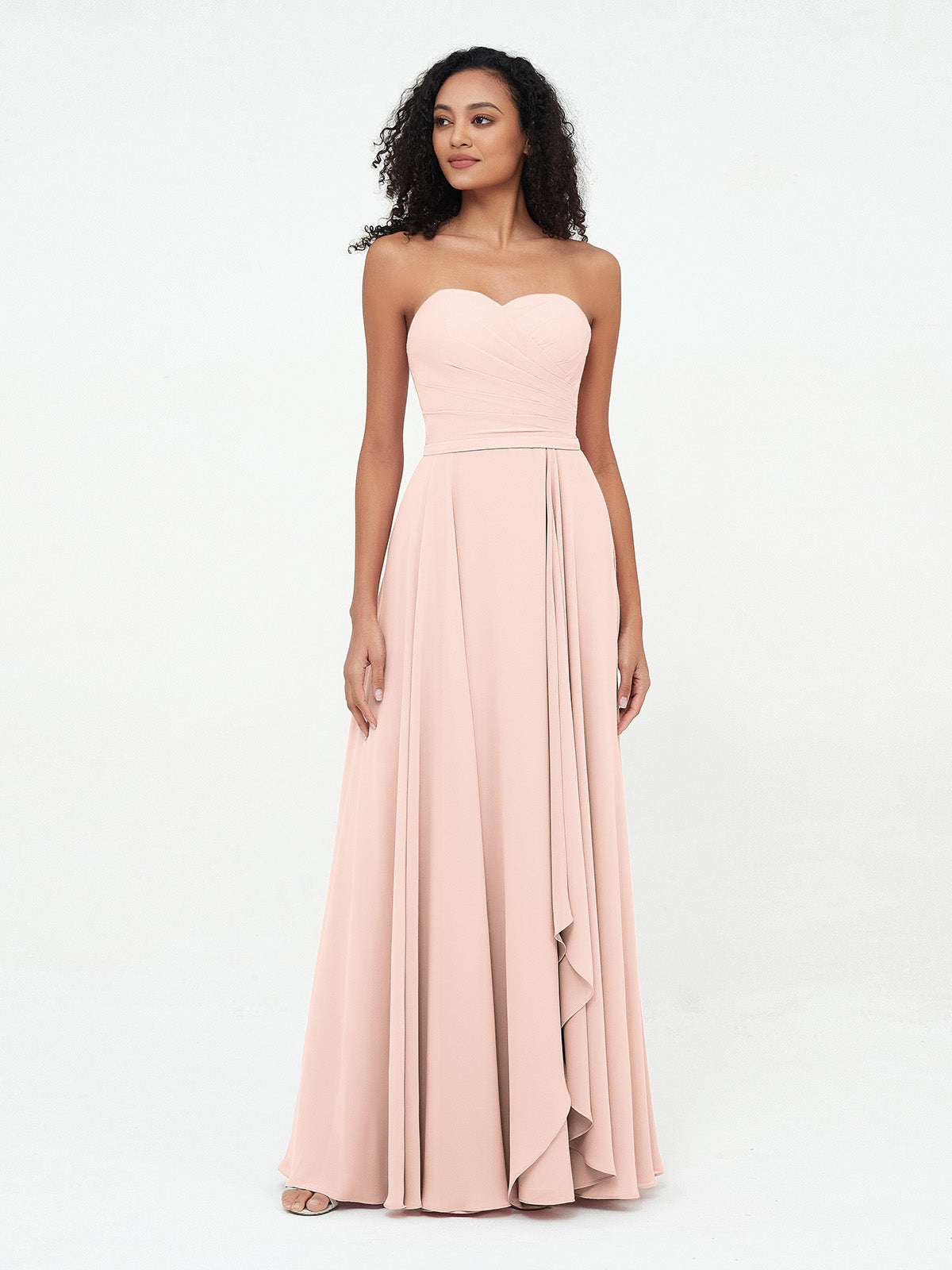 Pleated V-neck 3/4 Sleeves Chiffon Long Dress Pearl Pink main image 1