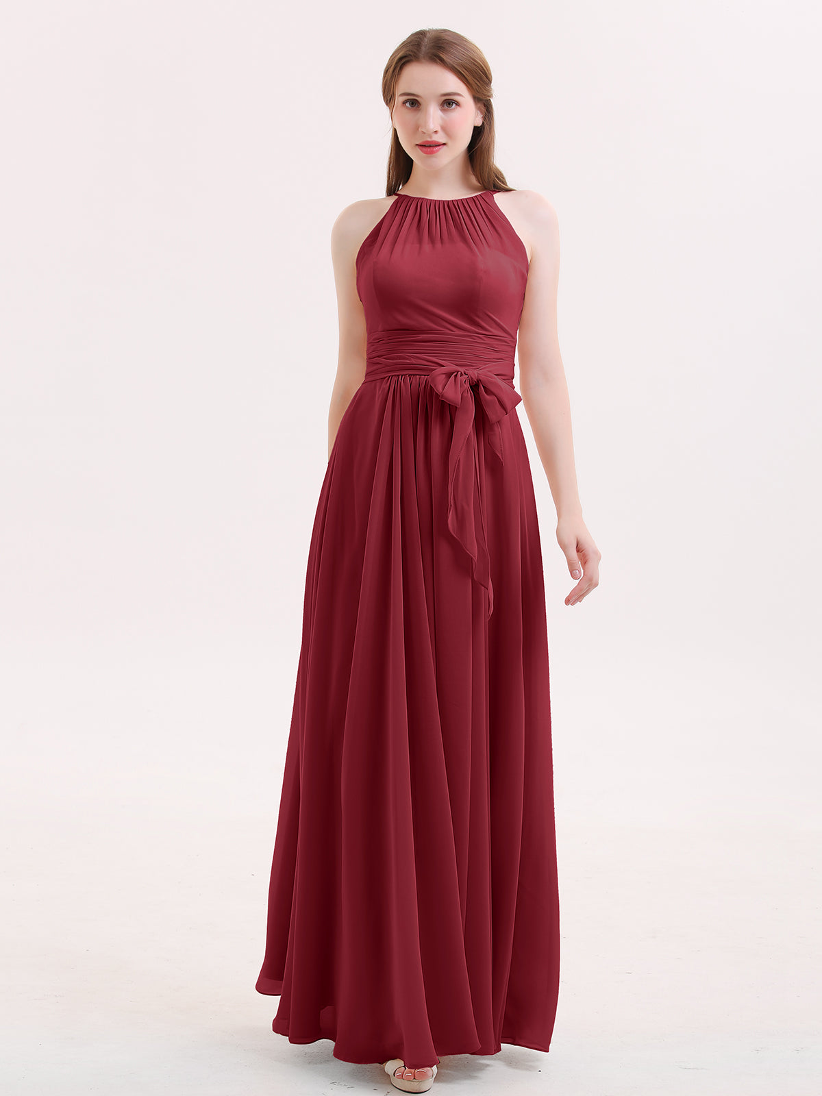 BABARONI Halter Chiffon Bridesmaid Dresses with Bow Sash-Burgundy, Burgundy / US0