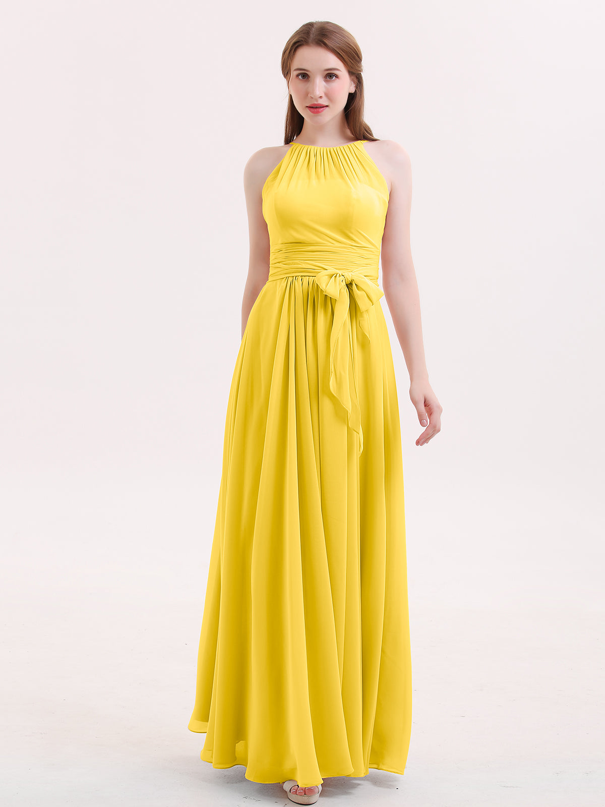 V-neck Chiffon Bridesmaid Dress with Bow Back Marigold Plus Size