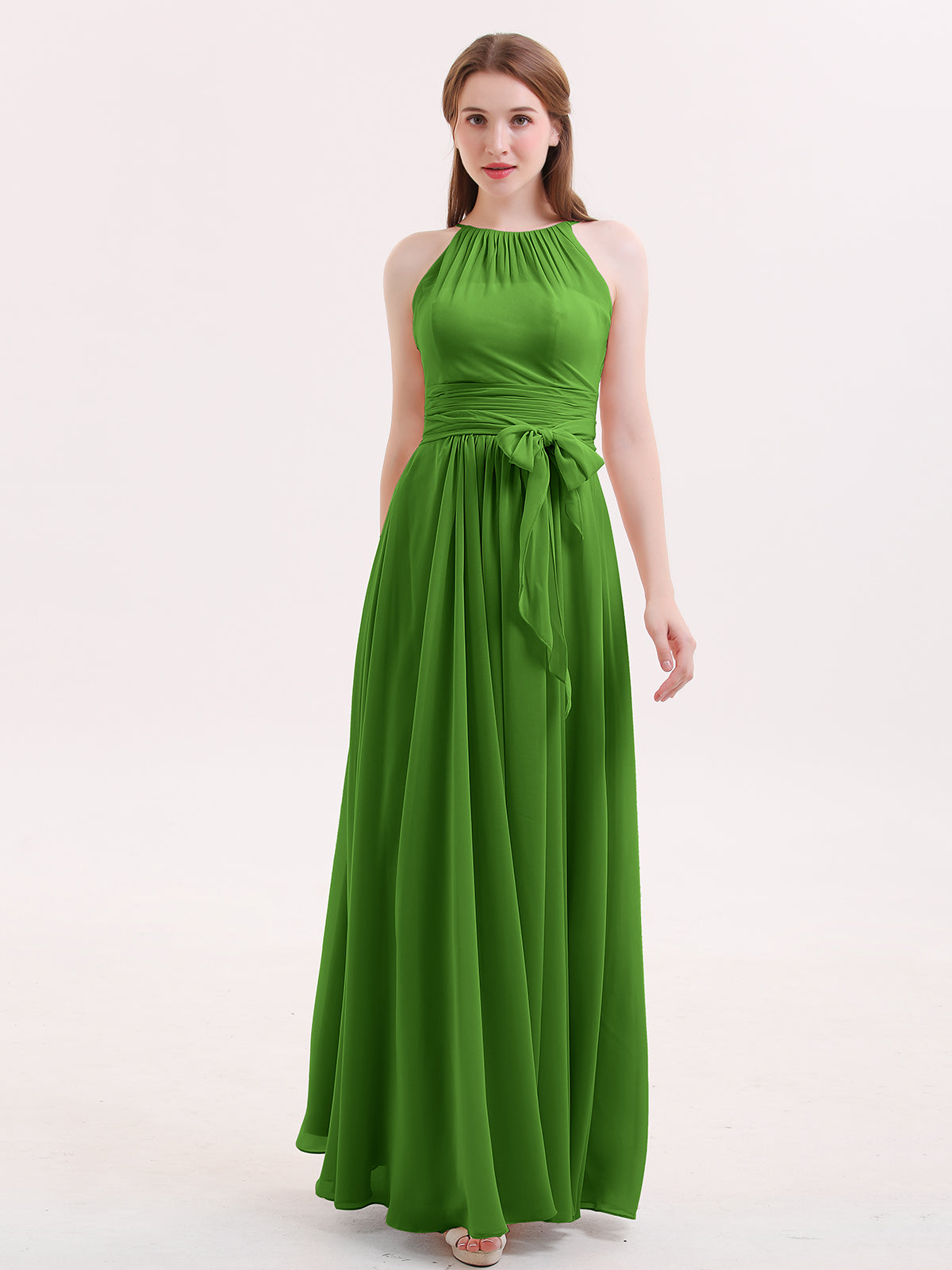 BABARONI Halter Chiffon Bridesmaid Dresses with Bow Sash-Moss, Moss / US0