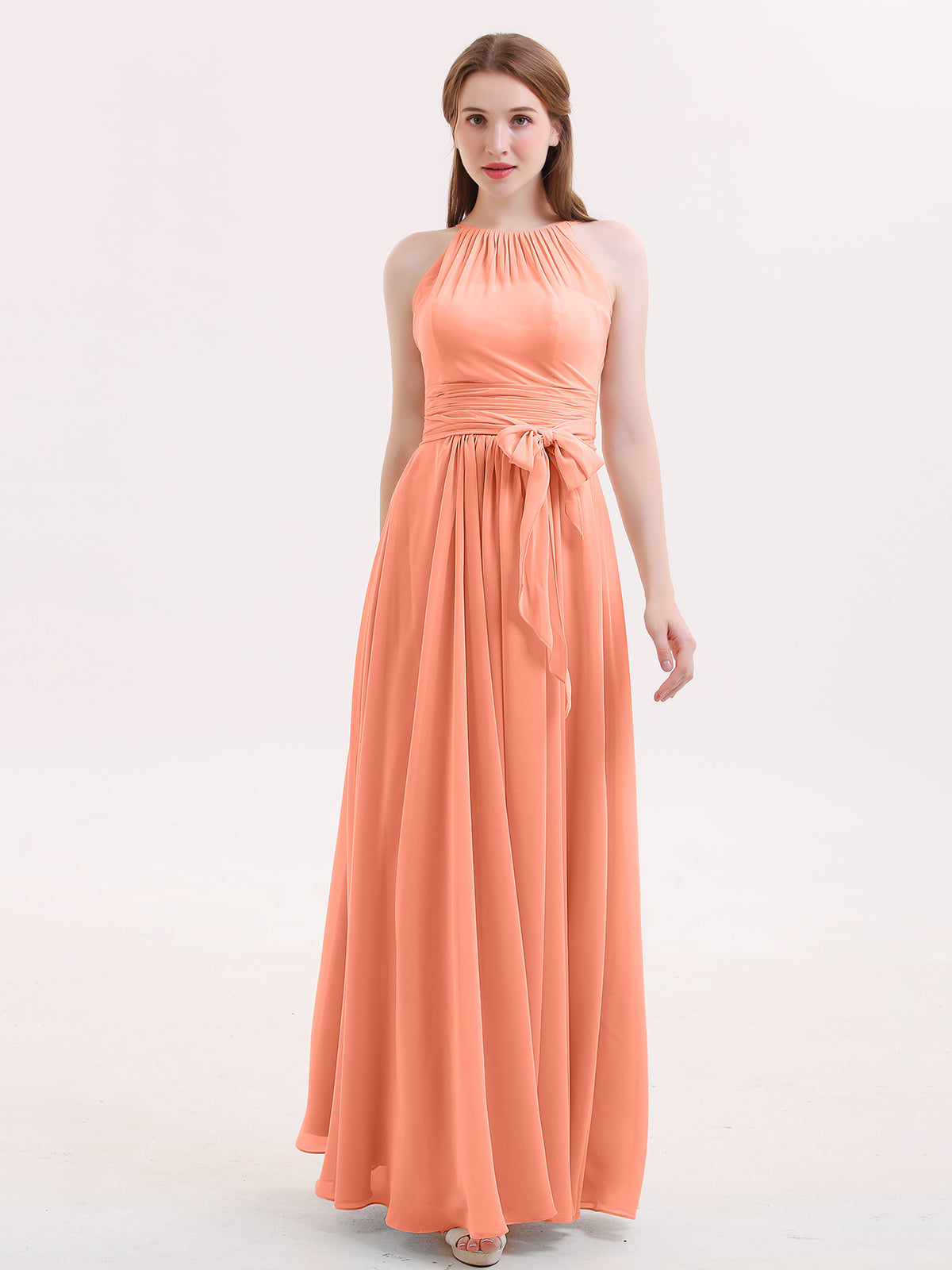 BABARONI Halter Chiffon Bridesmaid Dresses with Bow Sash-Sunset, Sunset / US0