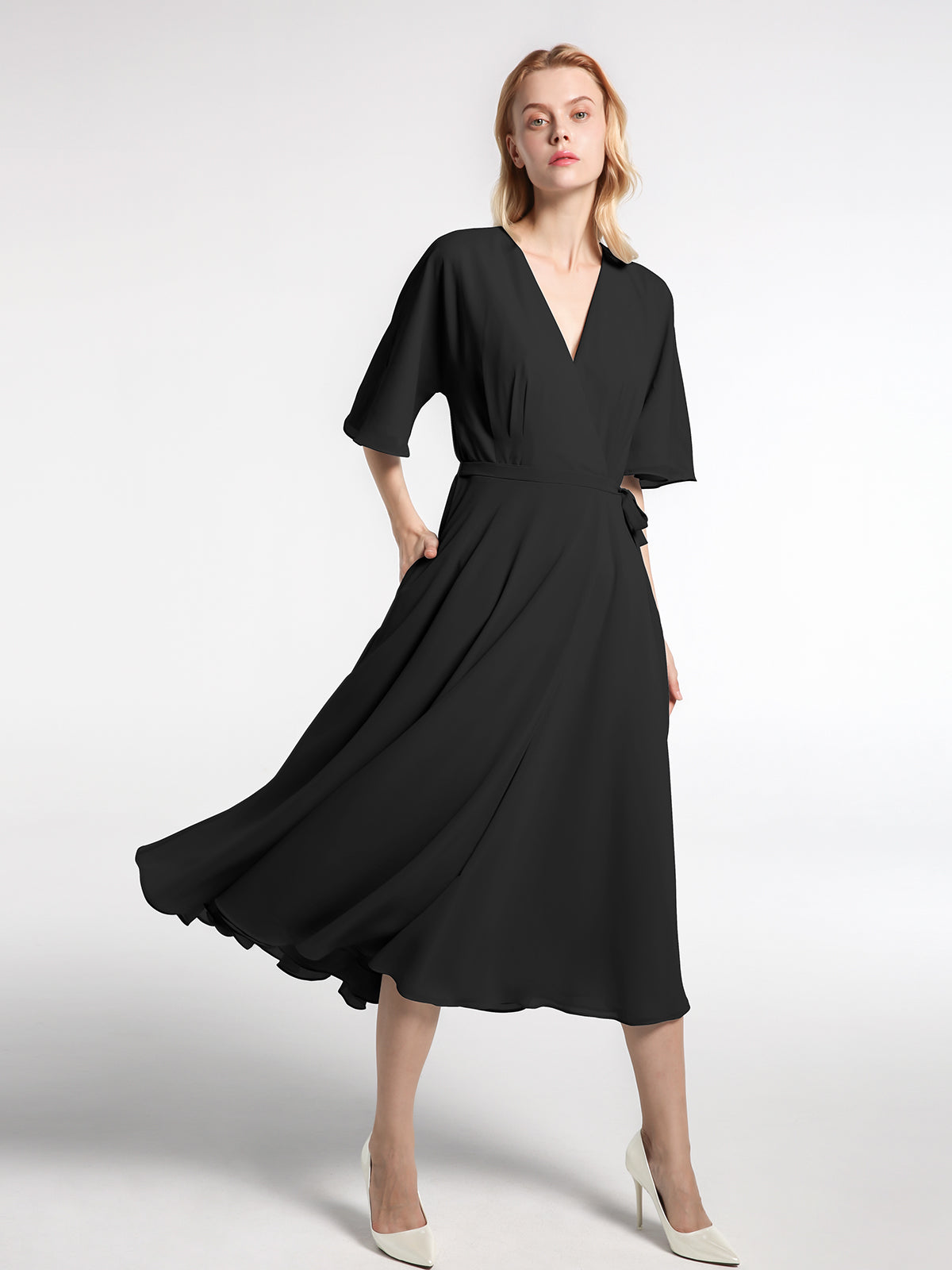 V-neck Half Sleeves T-Length Chiffon Dress Lemon