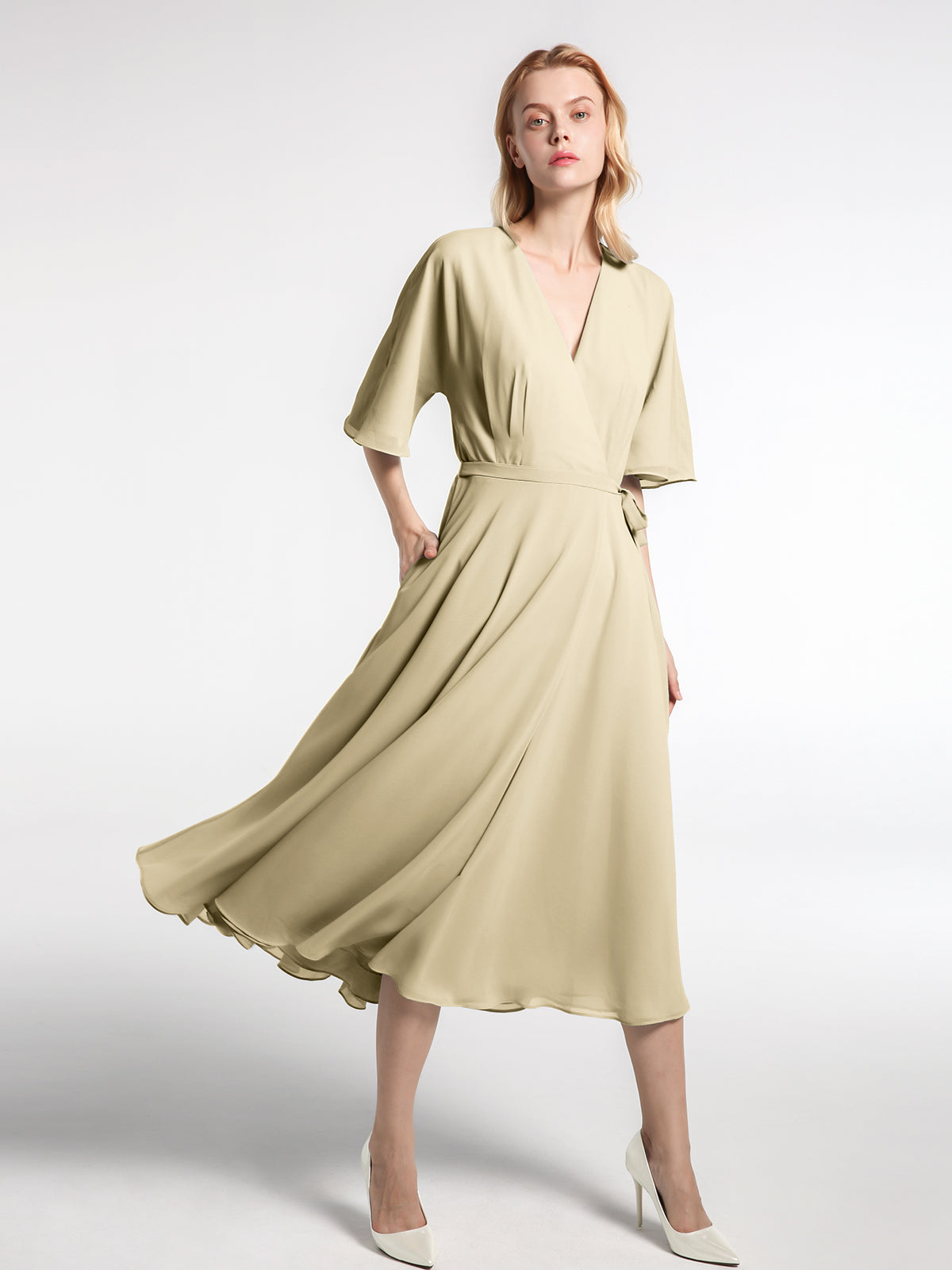 Long Chiffon Dress with V Neck and Bow Straps Lemon Plus Size