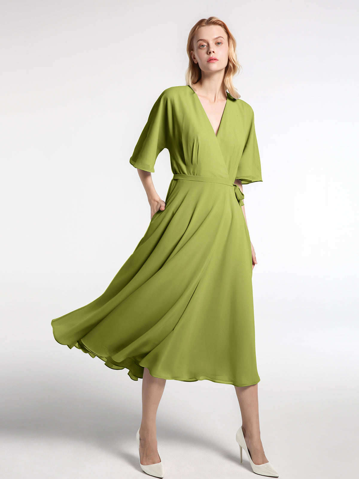 BABARONI V-neck Half Sleeves Tea Length Chiffon Dress-Clover, Clover / US0 BABARONI V-neck Half Sleeves Tea Length Chiffon Dress-Clover, Clover / US0