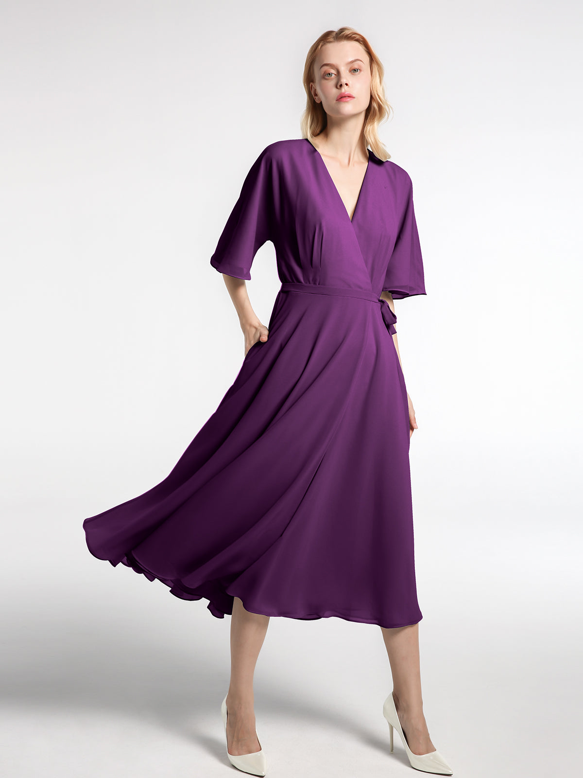 A-line V-neck Chiffon Ruched Floor-length Dress Grape