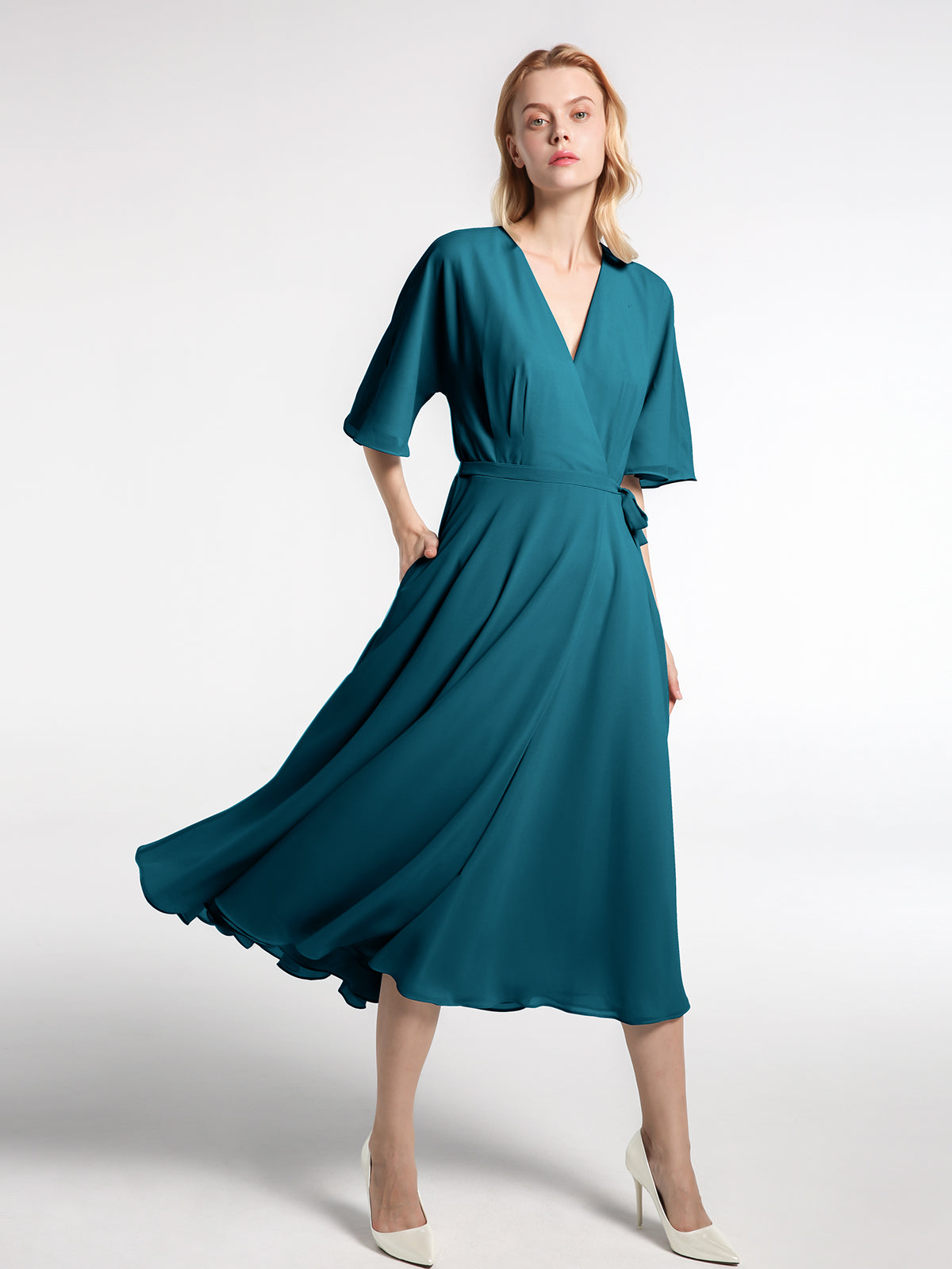 BABARONI Chiffon Ink Blue Bridesmaid Dresses Plunging V-Neck Tea-length