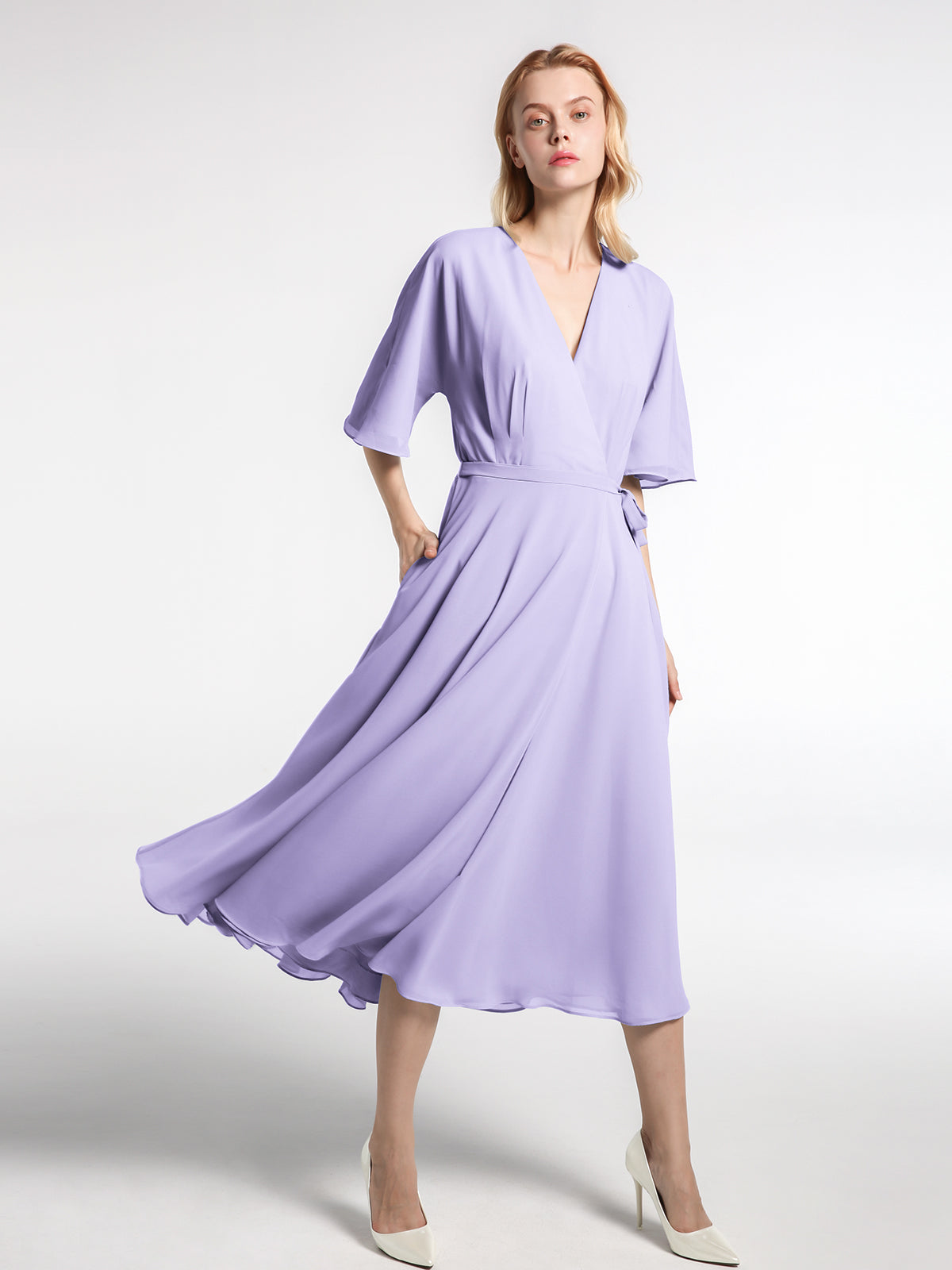 Half Sleeves V-Neck Lace Top Chiffon Dress Taupe