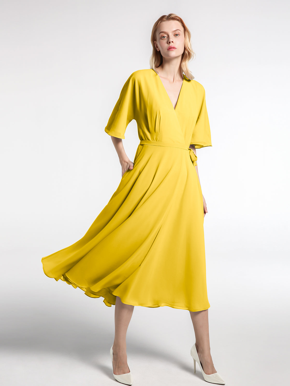 V-neck Half Sleeves T-Length Chiffon Dress Emerald