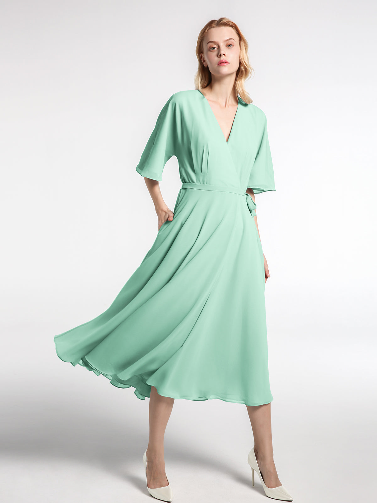 V-neck Half Sleeves Tea Length Chiffon Dress-Mint Green Plus Size Zona |  BABARONI