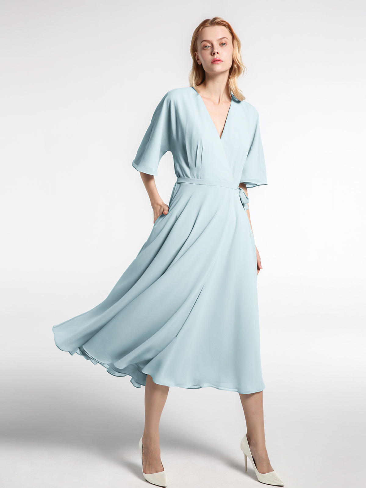 V-neck Long Sleeves Chiffon Tea-length Dress Mint Green main image 0