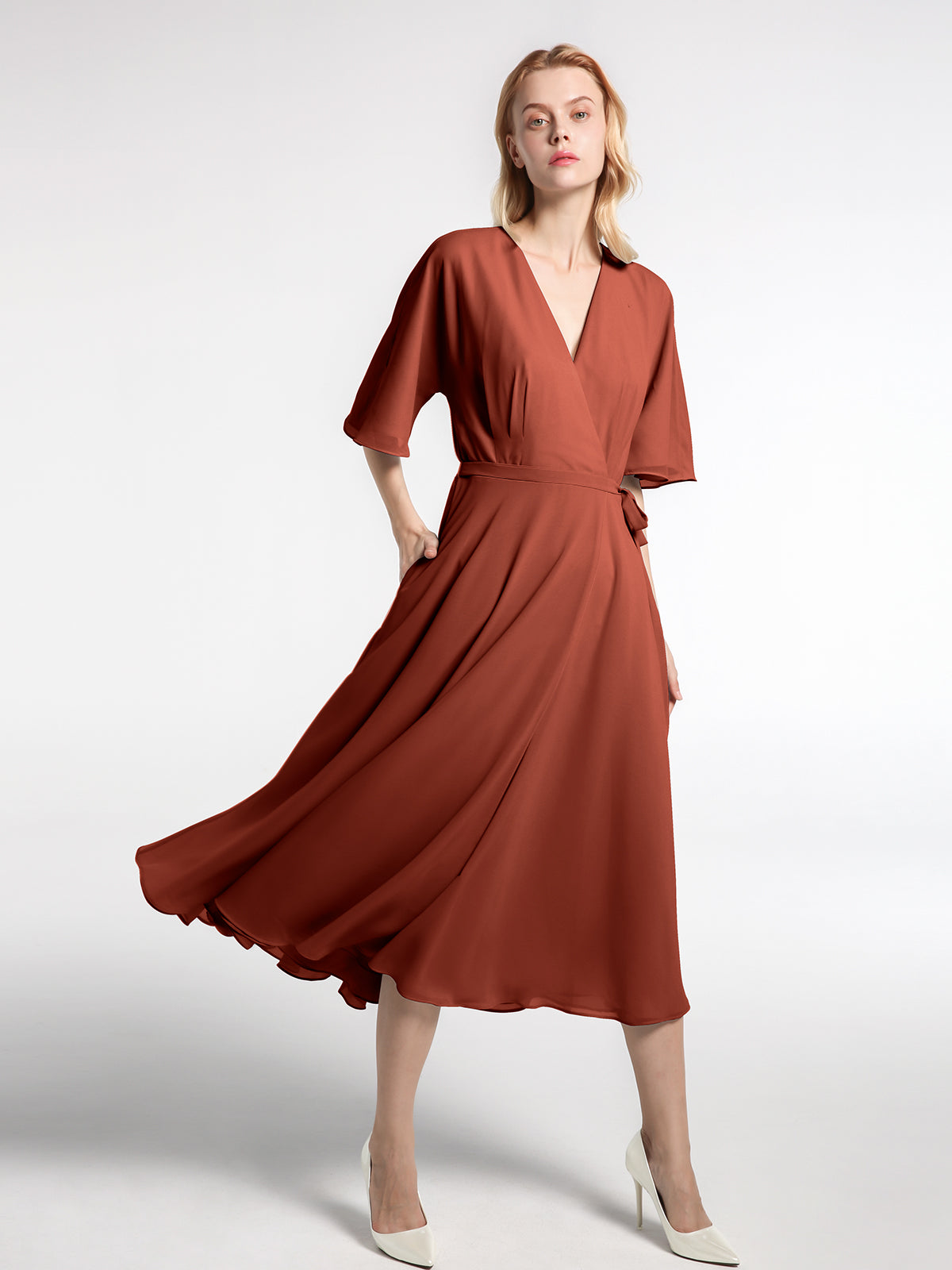 Tea-length V-Neck Chiffon A-Line Dress with Ruched Waist Red