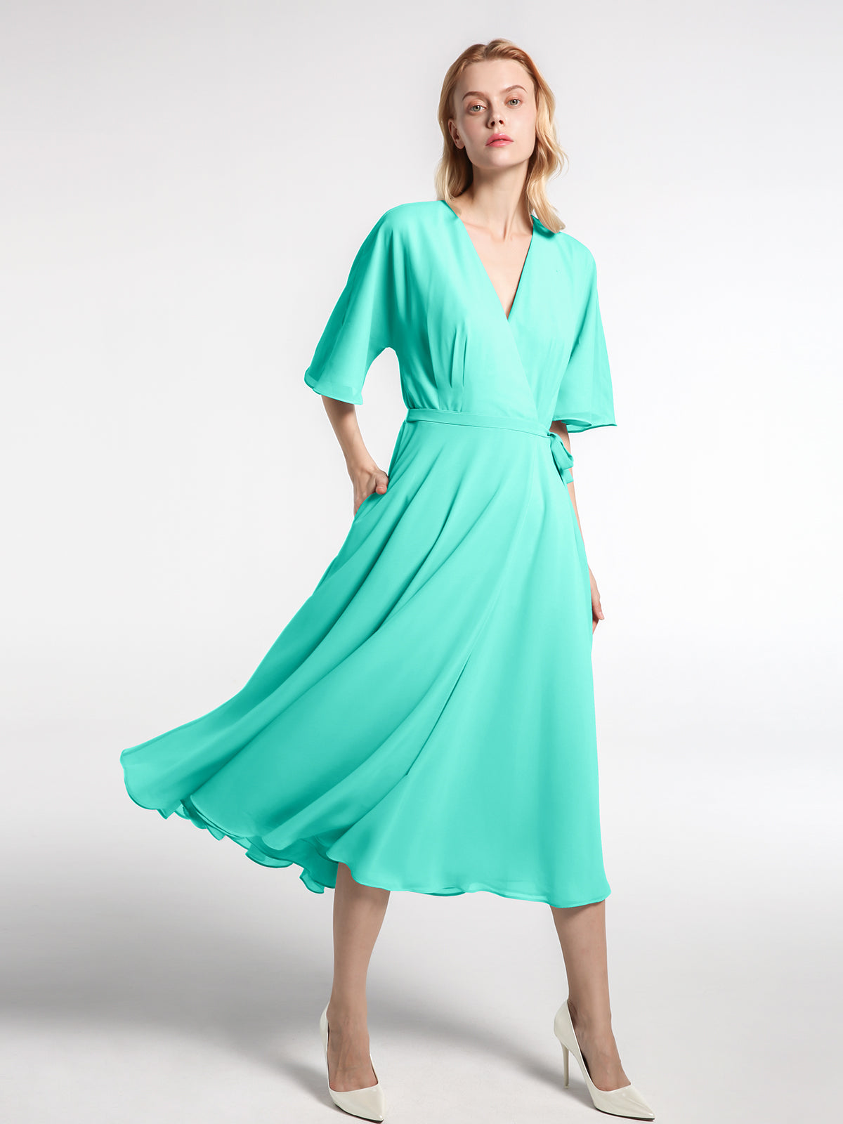 Pleated V-neck A-Line Chiffon Dress With Slit Spa main image 1