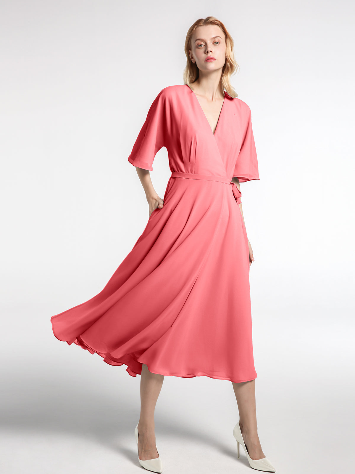 A-Line Scoop Neck Pleated Chiffon Tea-Length Dress Watermelon main image 0