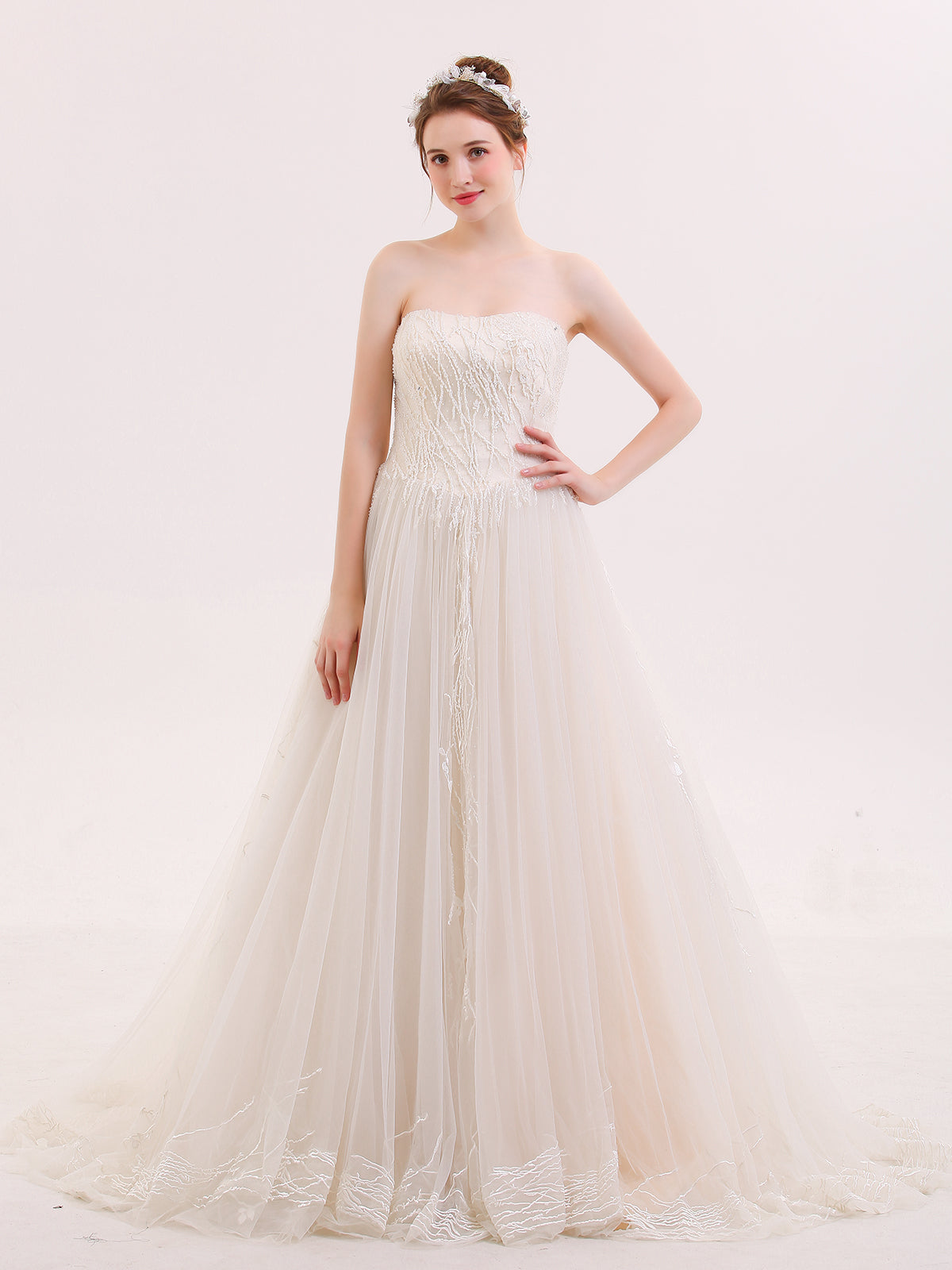 CLEARANCE - Juliet 1118 Long Dress Strapless Beading Sweetheart Chiffon Gown (Size L) main image 1