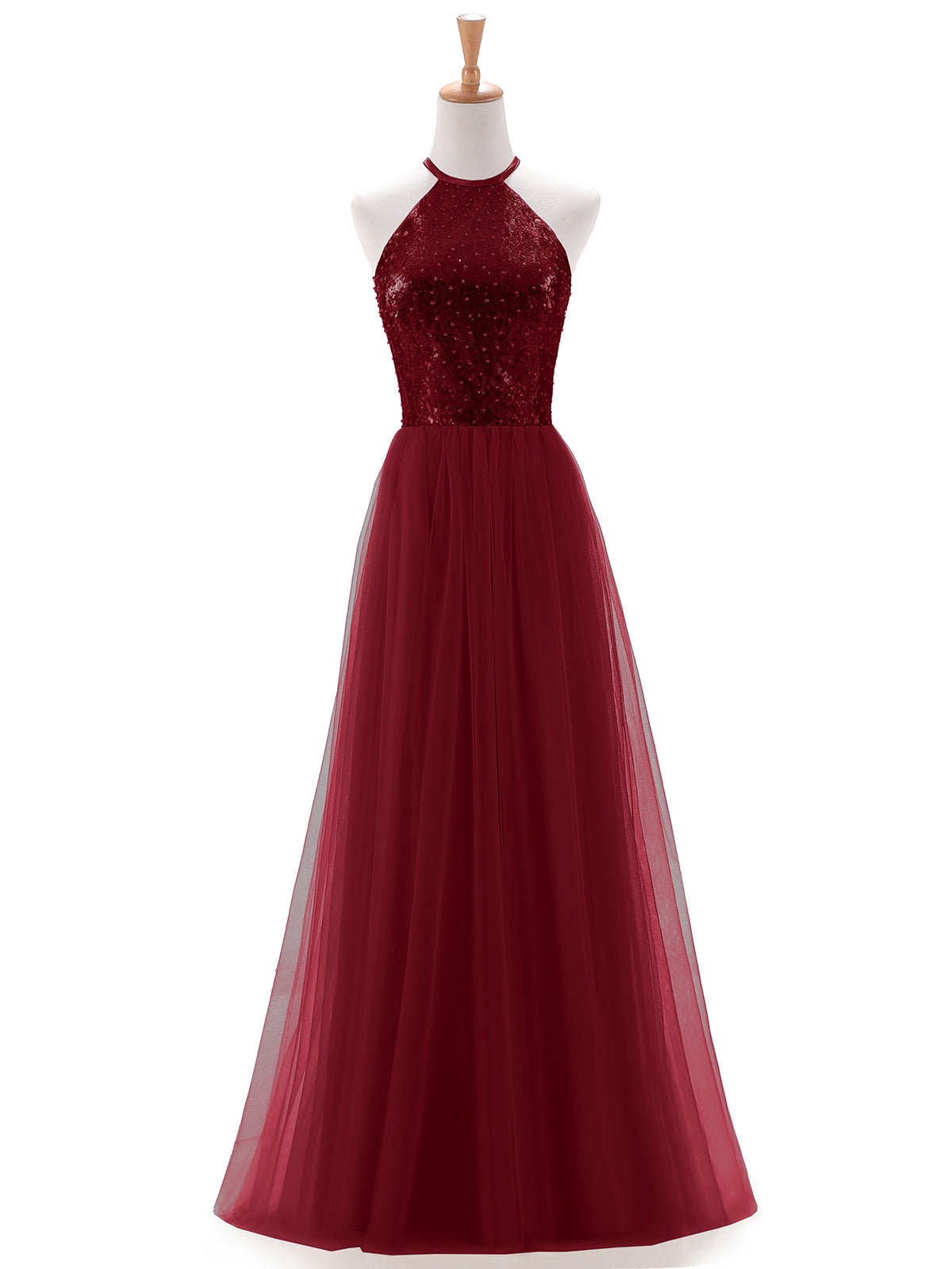 BABARONI Sequins and Tulle Halter Long Dress Burgundy, Burgundy / US0 BABARONI Sequins and Tulle Halter Long Dress Burgundy, Burgundy / US0