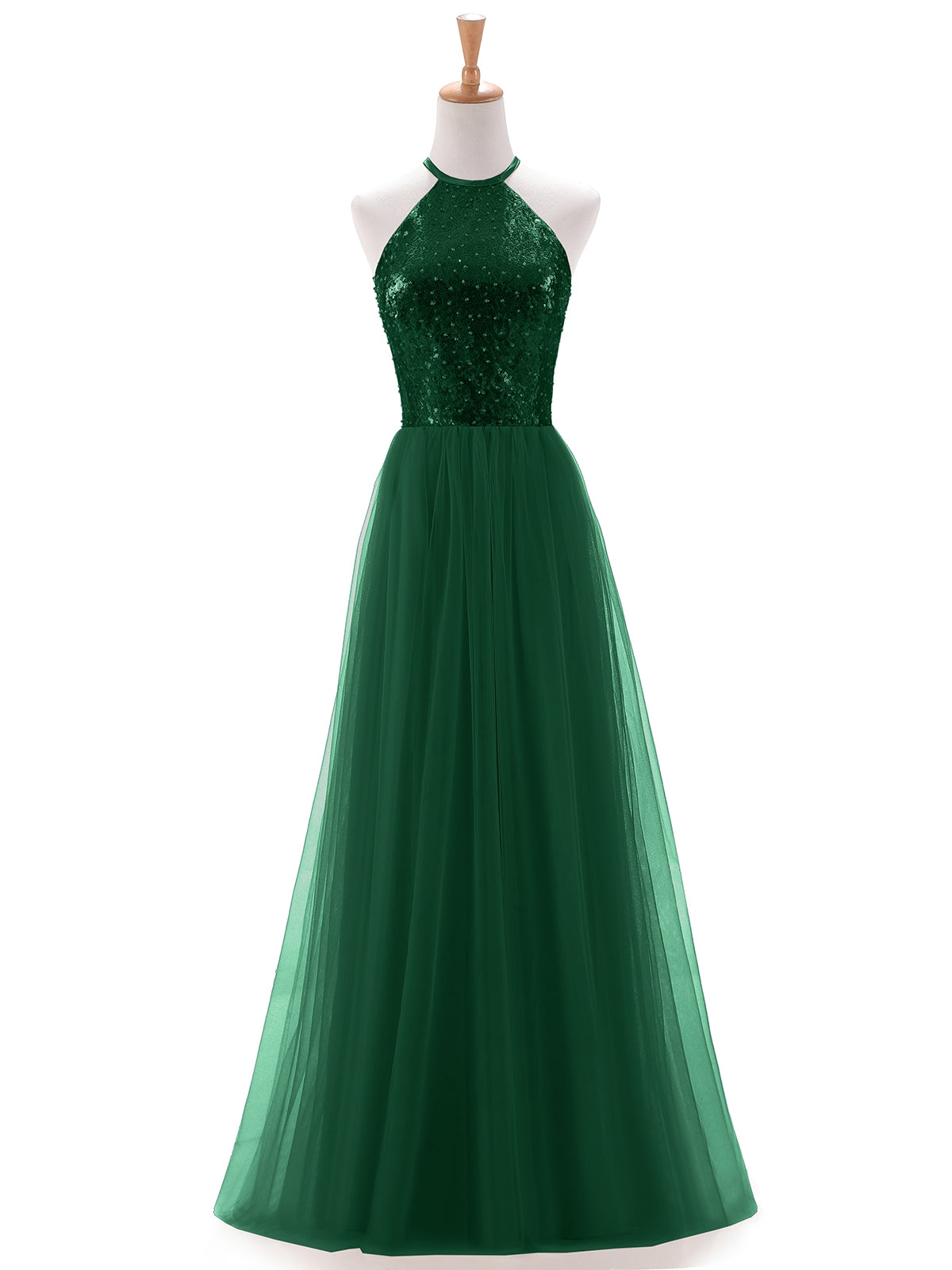 BABARONI Sequin Dark Green Bridesmaid Dresses Halter Floor-length  Sleeveless Beaded A-line