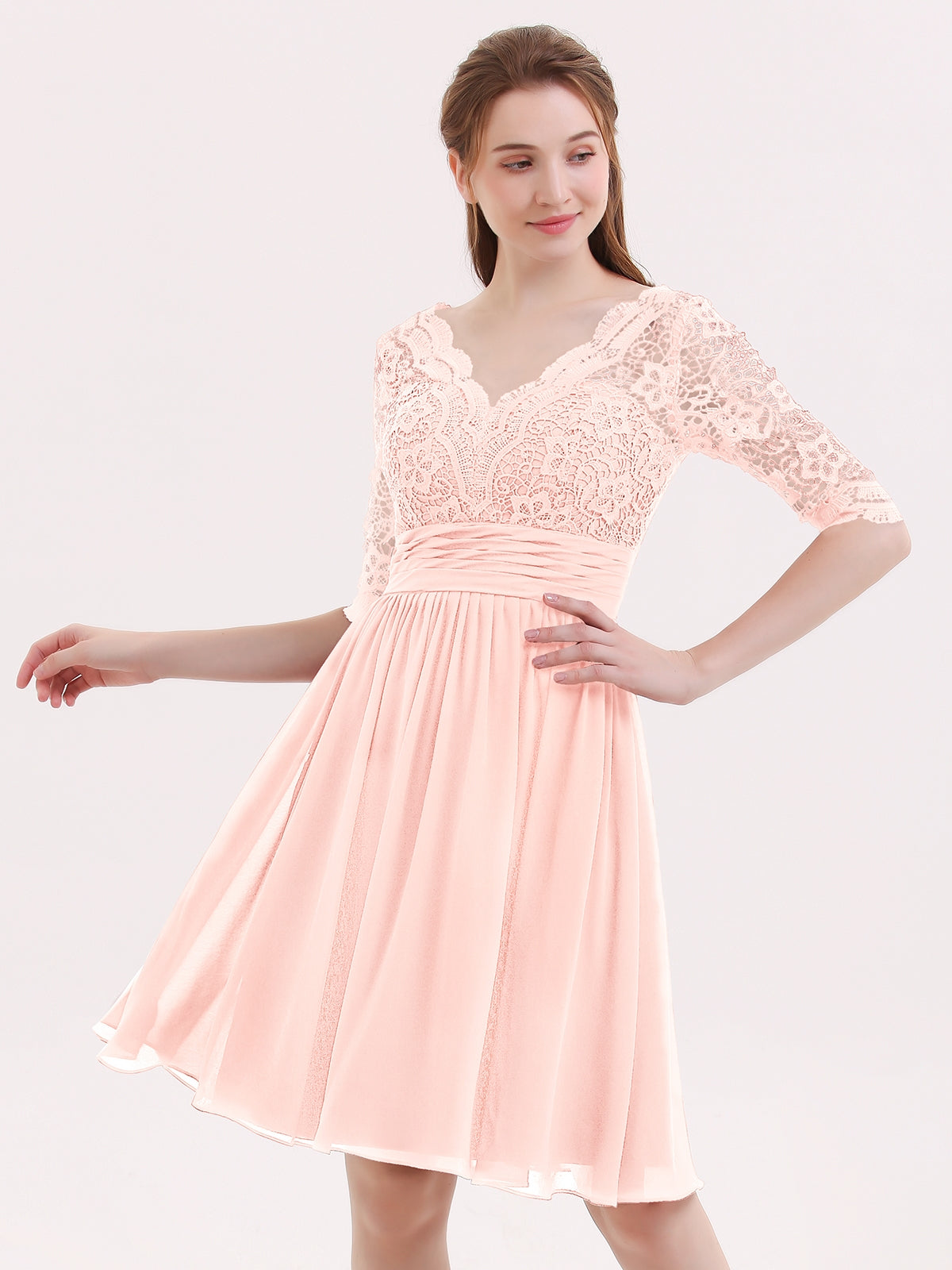 BABARONI Lace and Chiffon Short Dress with Half Sleeves Pearl Pink, Pearl Pink / US0 BABARONI Lace and Chiffon Short Dress with Half Sleeves Pearl Pink, Pearl Pink / US0