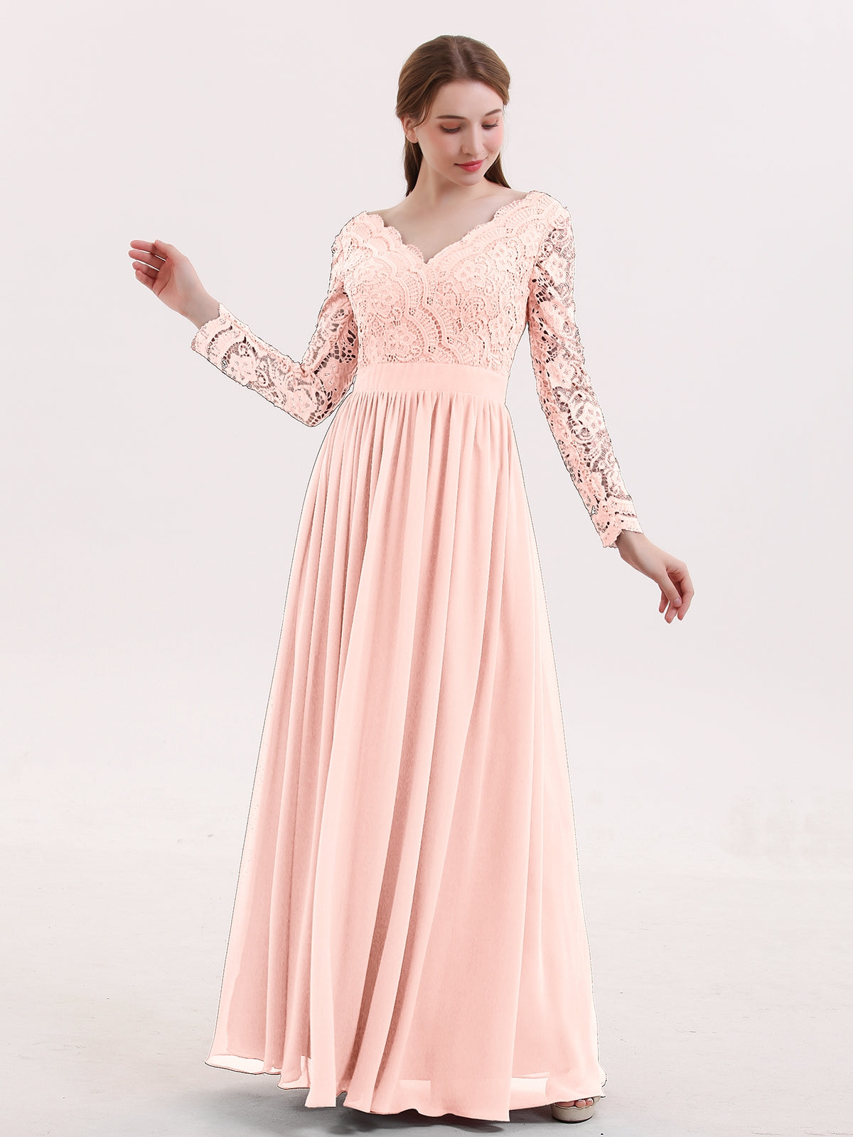 BABARONI V Neck Lace and Chiffon Dress with Long Sleeves Pearl Pink, Pearl Pink / US0