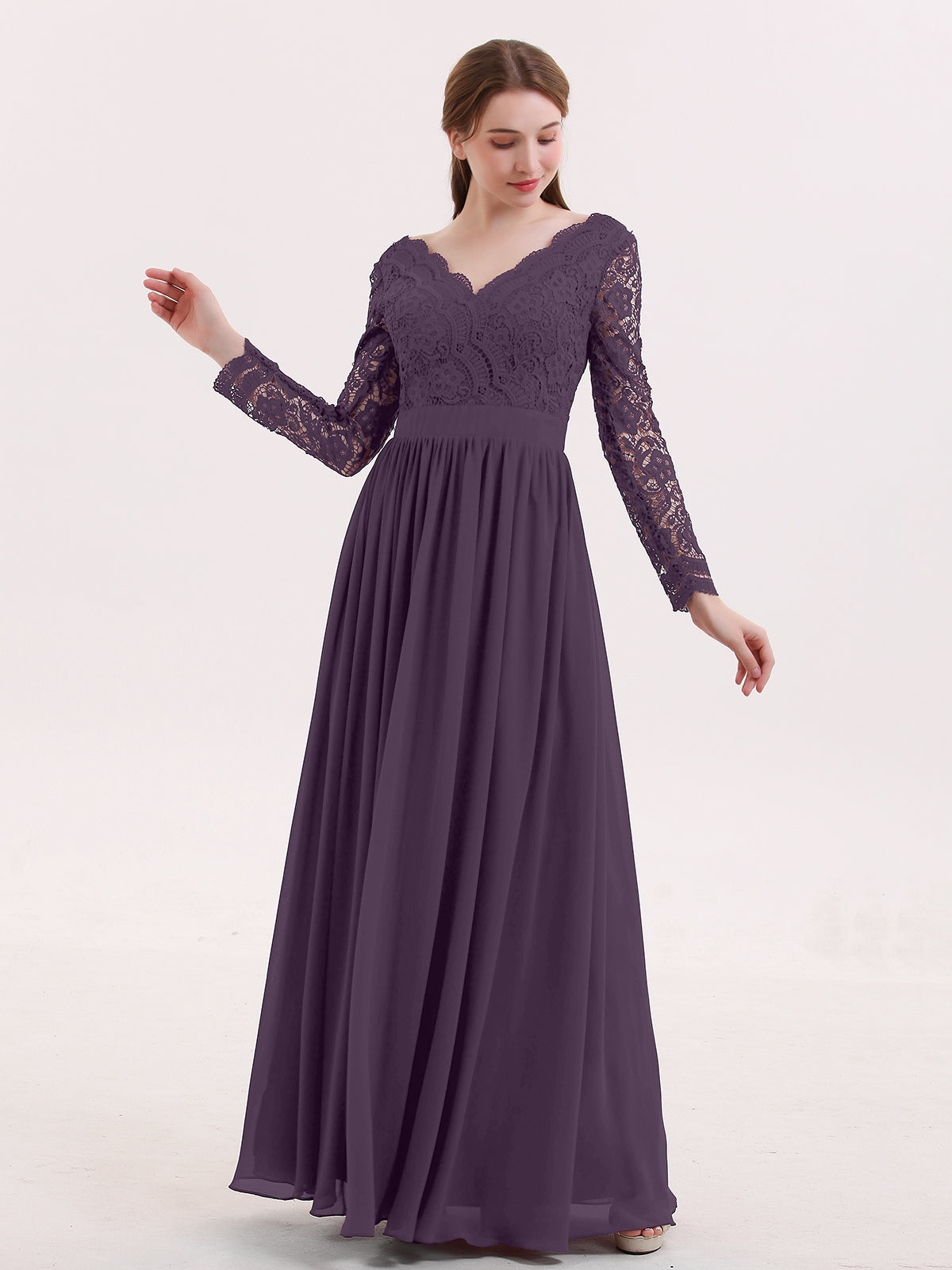 BABARONI V Neck Lace and Chiffon Dress with Long Sleeves Plum, Plum / US0 BABARONI V Neck Lace and Chiffon Dress with Long Sleeves Plum, Plum / US0