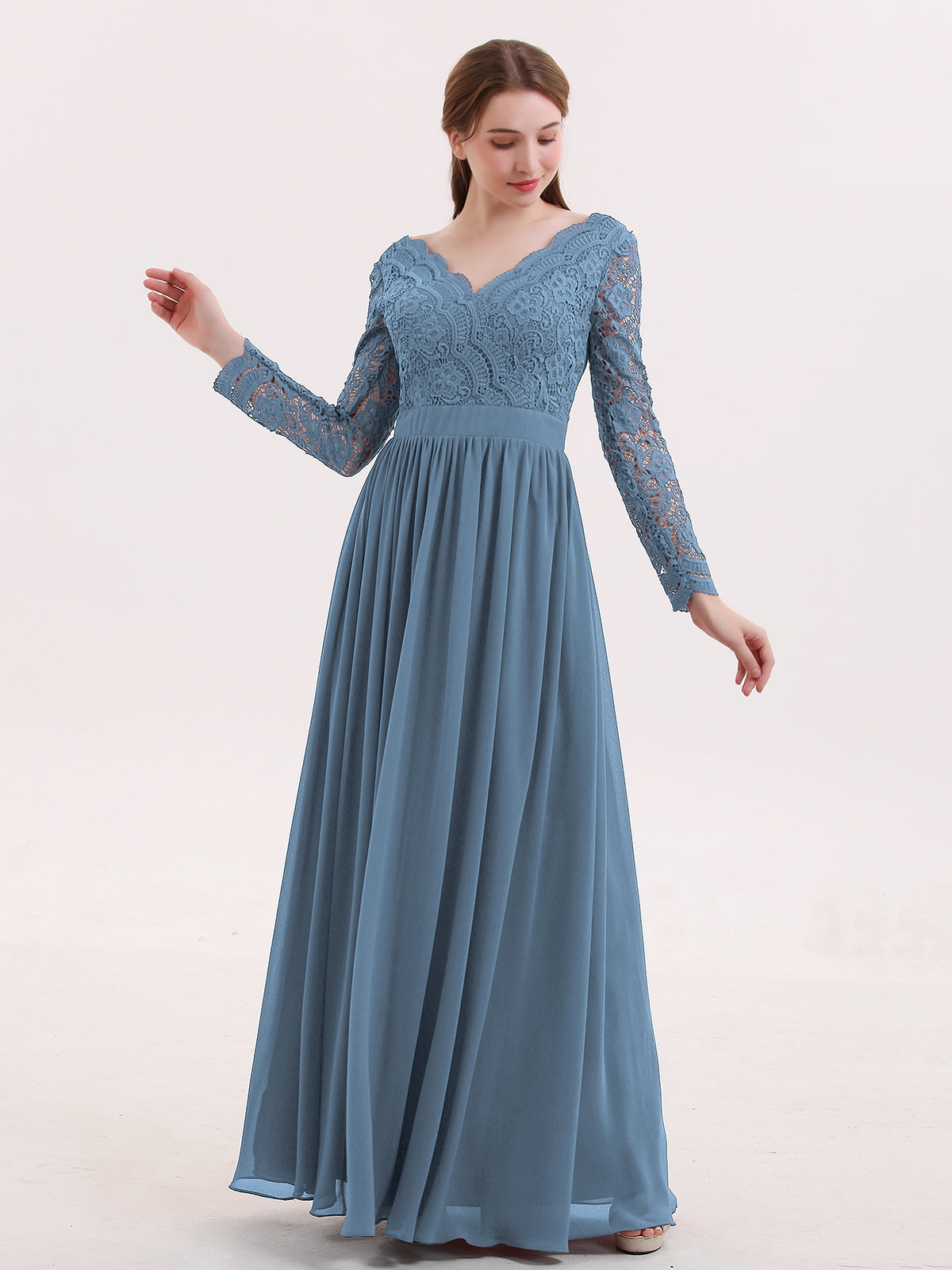 Prom Dresses Winter Navy Blue Dress BABARONI V Neck Lace And Chiffon Dress With Long Sleeves Slate Blue Prom Dresses Winter Navy Blue Dress BABARONI V Neck Lace And Chiffon Dress With Long Sleeves Slate Blue