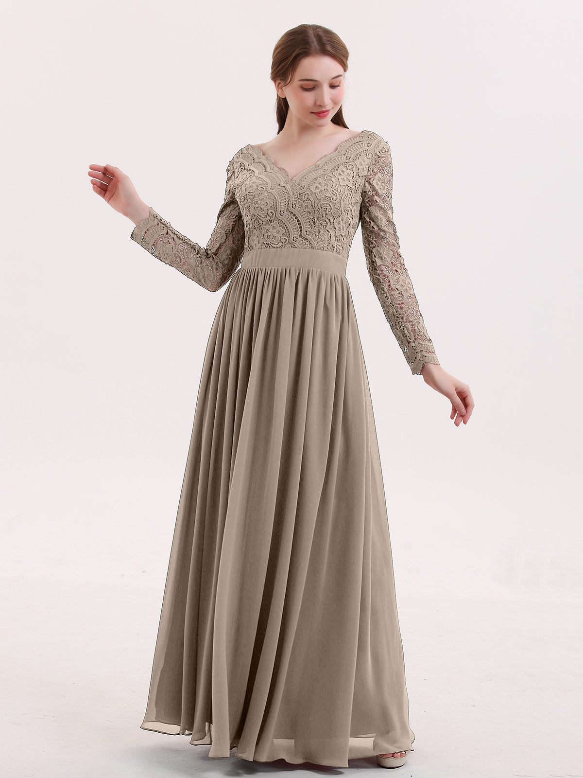 BABARONI V Neck Lace and Chiffon Dress with Long Sleeves Taupe, Taupe / US0 BABARONI V Neck Lace and Chiffon Dress with Long Sleeves Taupe, Taupe / US0