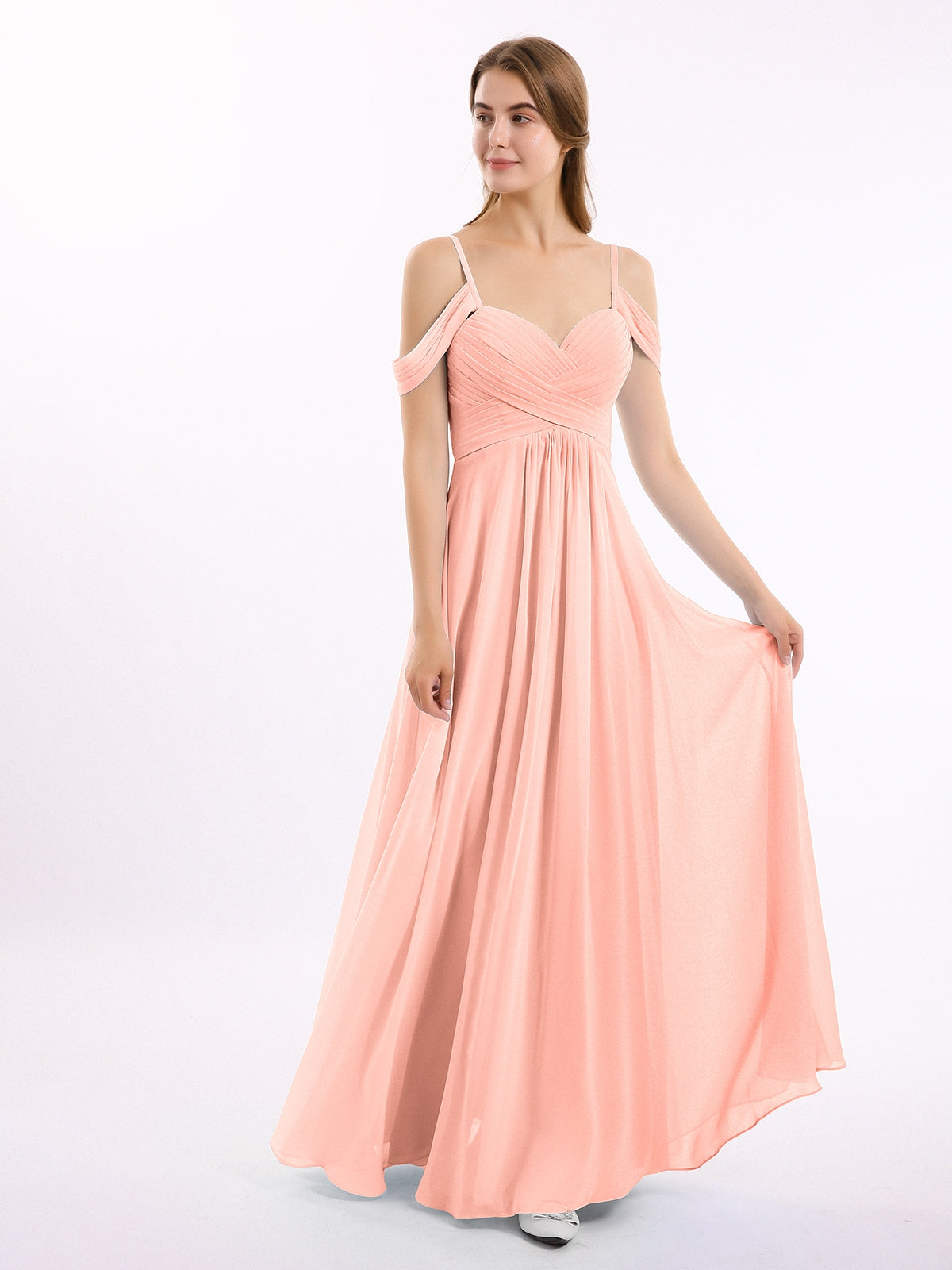 Adjustable spaghetti straps pleated chiffon maxi dress with slit $129