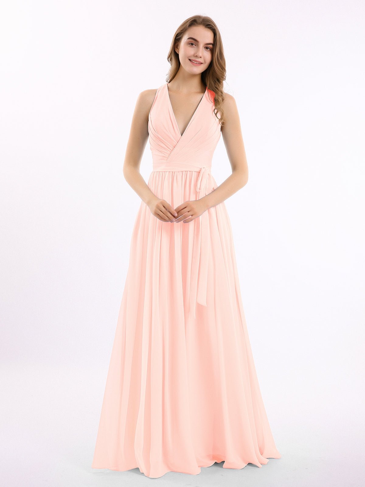 BABARONI Deep V Neckline Chiffon Dress with Sash Bow Pearl Pink, Pearl Pink / US0