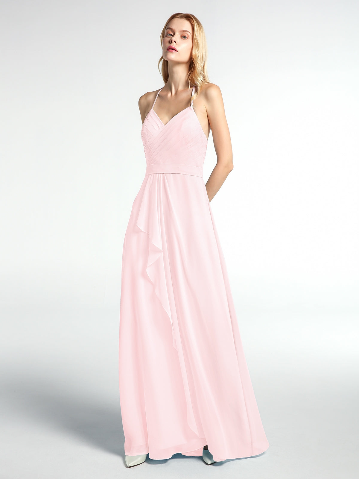 BABARONI Chiffon Blushing Pink Bridesmaid Dresses V-neck Floor-length