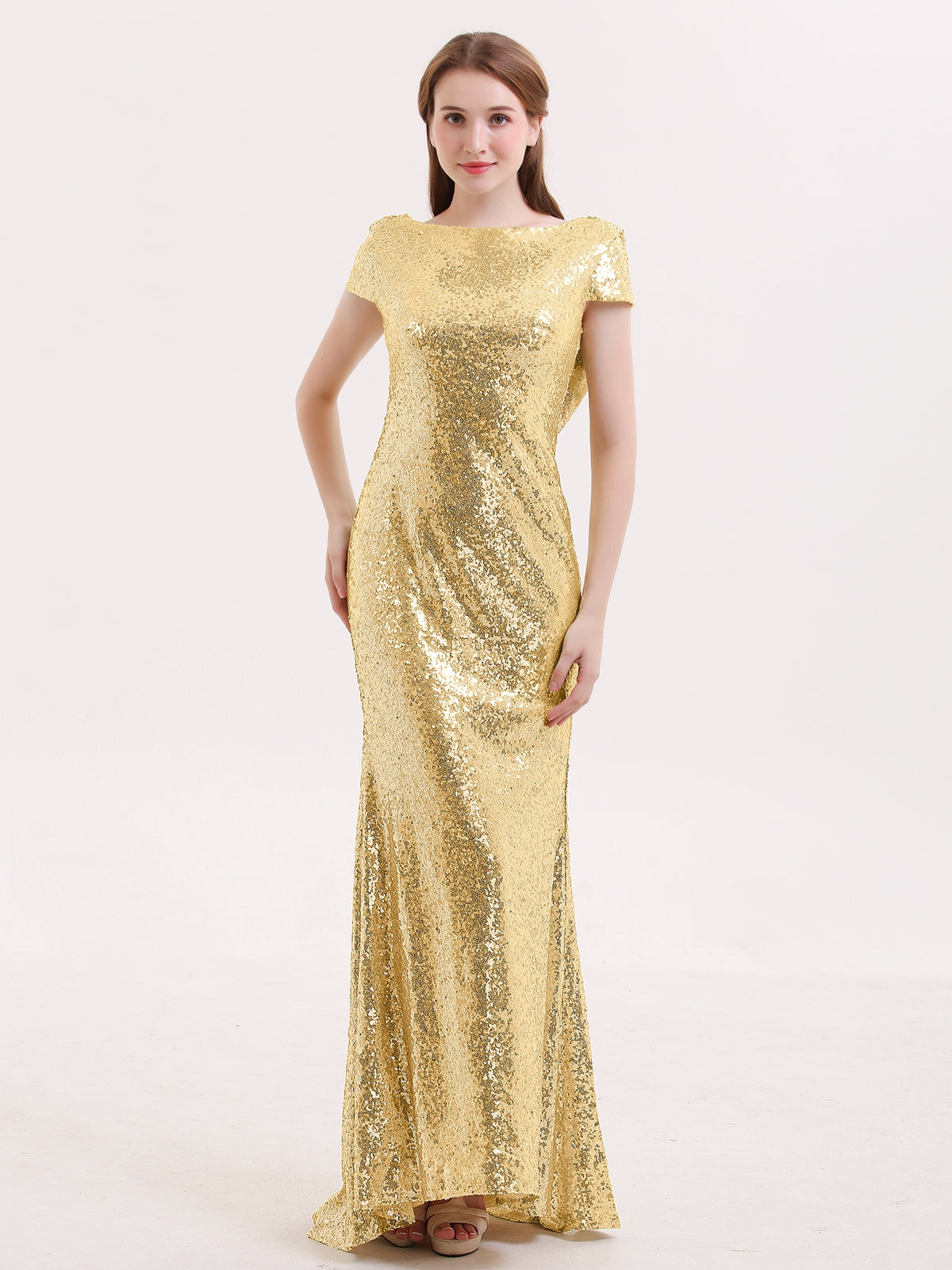 BABARONI Sequin Metallic Gold Bridesmaid Dresses Bateau Sweep/Brush