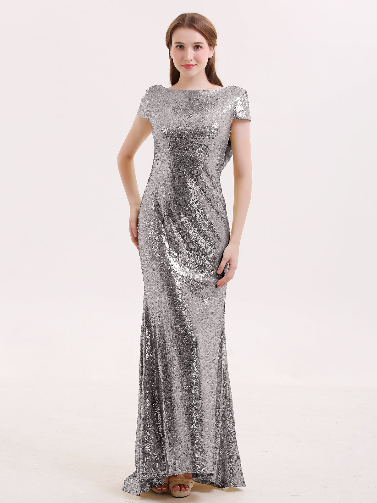BABARONI Sequins Lace Bridesmaid Dress with Cap Sleeves Silver, Silver / US0