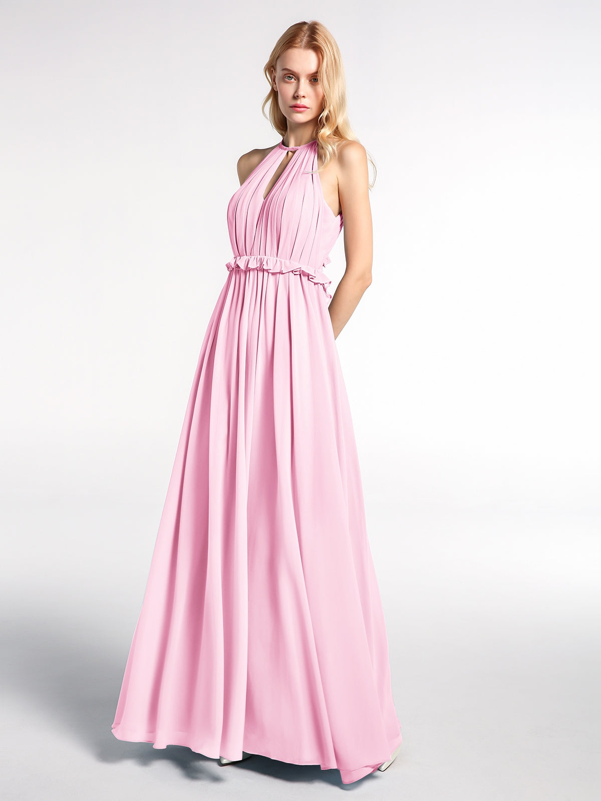 BABARONI Keyhole Neckline Open Back Chiffon Max Long Dress Candy Pink, Candy Pink / US0 BABARONI Keyhole Neckline Open Back Chiffon Max Long Dress Candy Pink, Candy Pink / US0