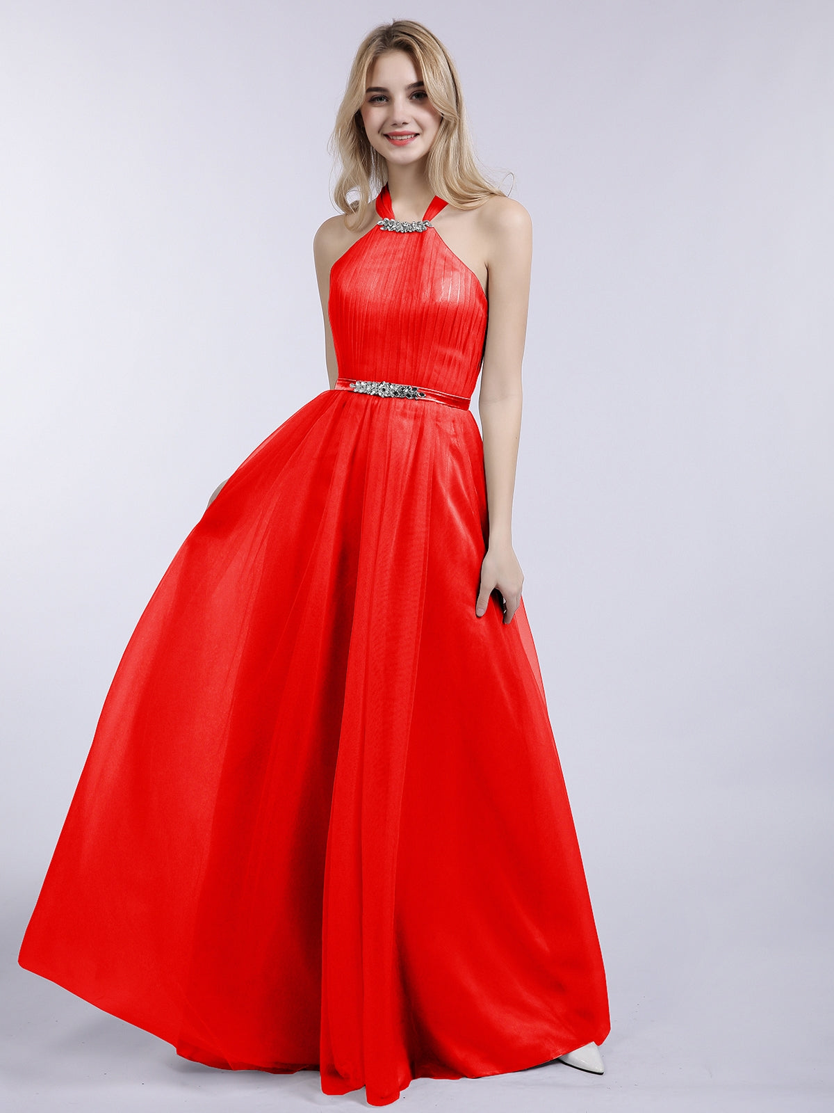 BABARONI Tulle Red Bridesmaid Dresses Halter Floor-length Sleeveless Beaded A-line, Red / US18
