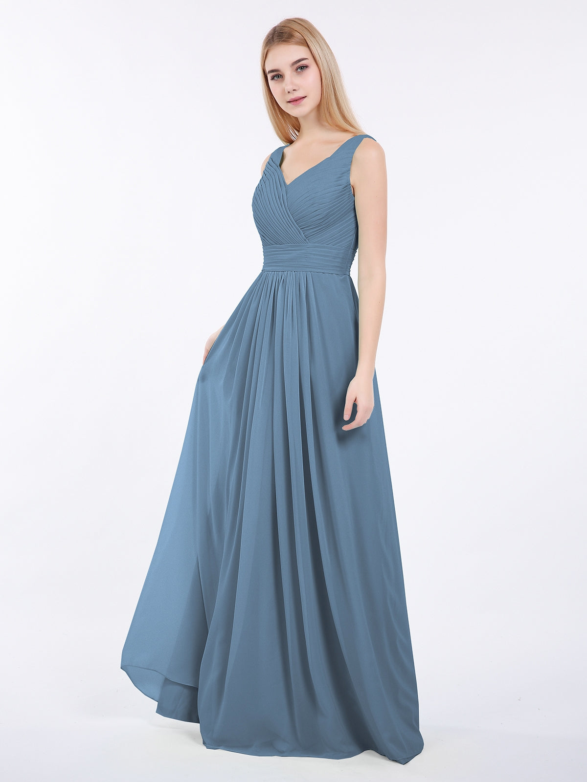 V-neck Full Length Chiffon Dress with Pleated Bodice Slate Blue