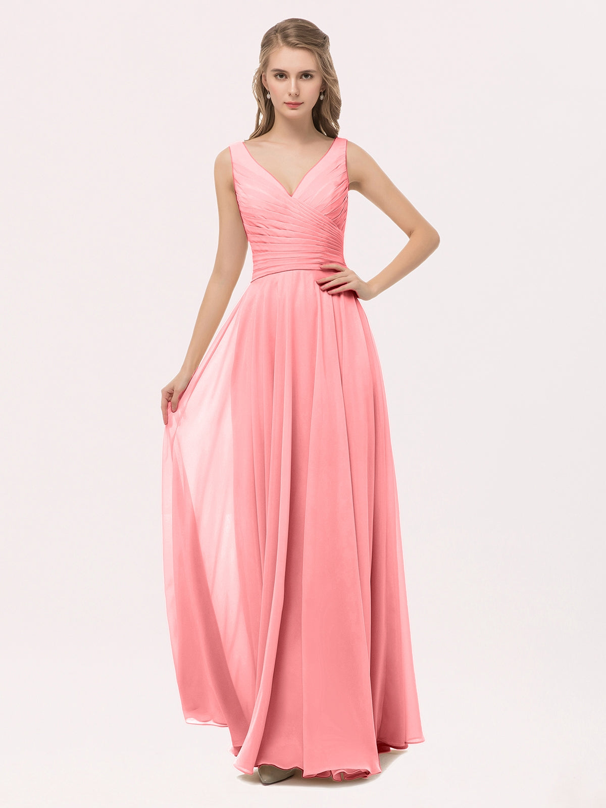 BABARONI Chiffon Flamingo Bridesmaid Dresses V-neck Floor-length Straps Bow A-line, Flamingo / US0