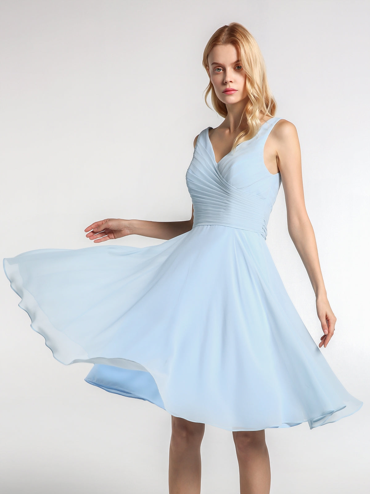 BABARONI V neck Pleated Bodice Circle Skirt Mini Dress Sky Blue, Sky Blue / US0 BABARONI V neck Pleated Bodice Circle Skirt Mini Dress Sky Blue, Sky Blue / US0