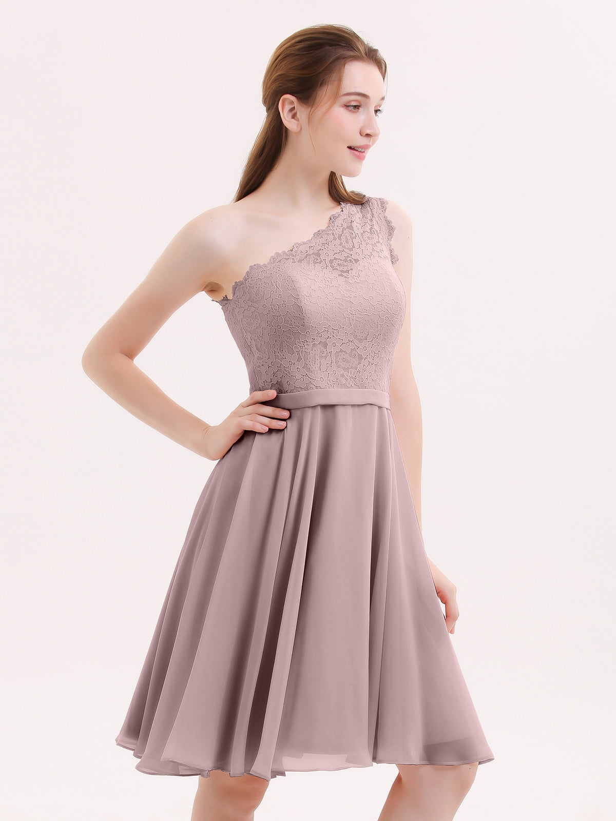 BABARONI One Shoulder Short Lace Bridesmaid Dress Vintage Mauve, Vintage Mauve / US0